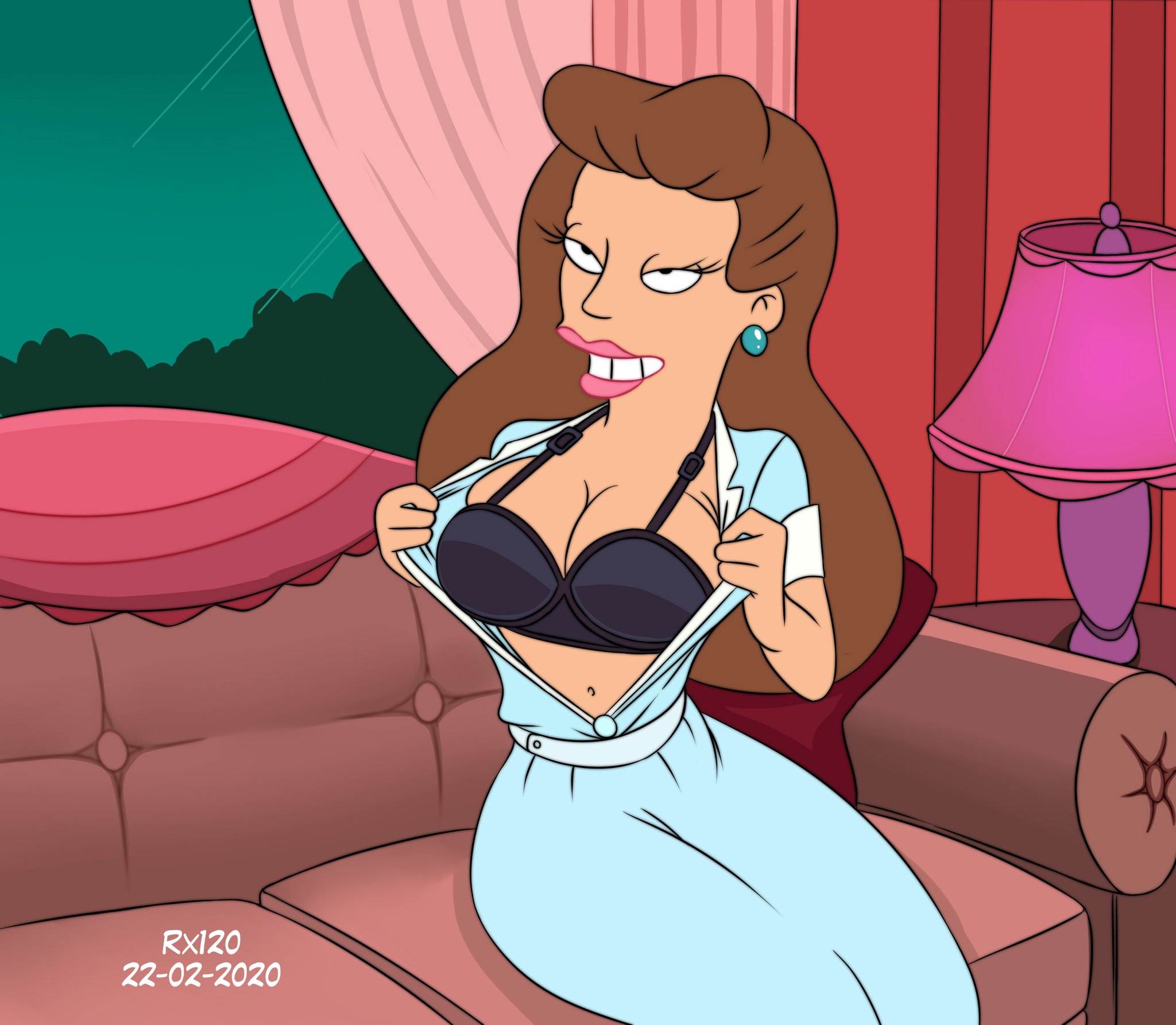 1940s, 40s, big breasts, black bra, black clothing, black underwear, bra, breasts, brown hair, canonical scene, clothed, clothing, ear piercing, female, futurama, hair, half-closed eyes, lamp, lipstick, makeup, mildred fry, narrowed eyes, navel, open clothing, open shirt, open topwear, piercing, rx120, shirt, smile, solo, topwear, underwear