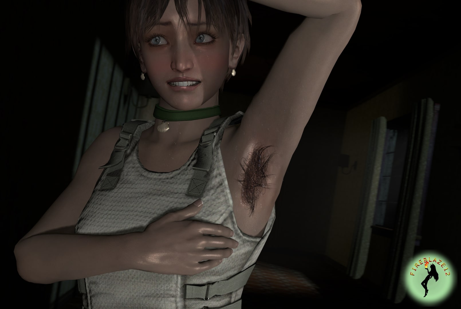 3d, armpit fetish, armpit hair, female, fireblaze12, full color, fully clothed, no penetration, presenting armpit, rebecca chambers, resident evil, resident evil 0, solo, solo female