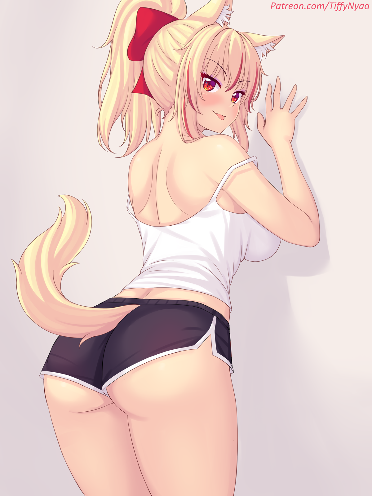 :p, 1girls, against wall, ass, back view, behind view, big ass, blonde female, blonde hair, blonde-haired female, booty shorts, cat ears, cat girl, cat tail, catgirl, crop top, dolphin shorts, female, female focus, female only, leaning forward, looking at viewer, looking back, original, patreon, patreon username, posing, posing for the viewer, red bow, red eyes, red highlights, solo, solo female, tank top, tiffy, tiffynyaa, tongue, tongue out, wall, white top