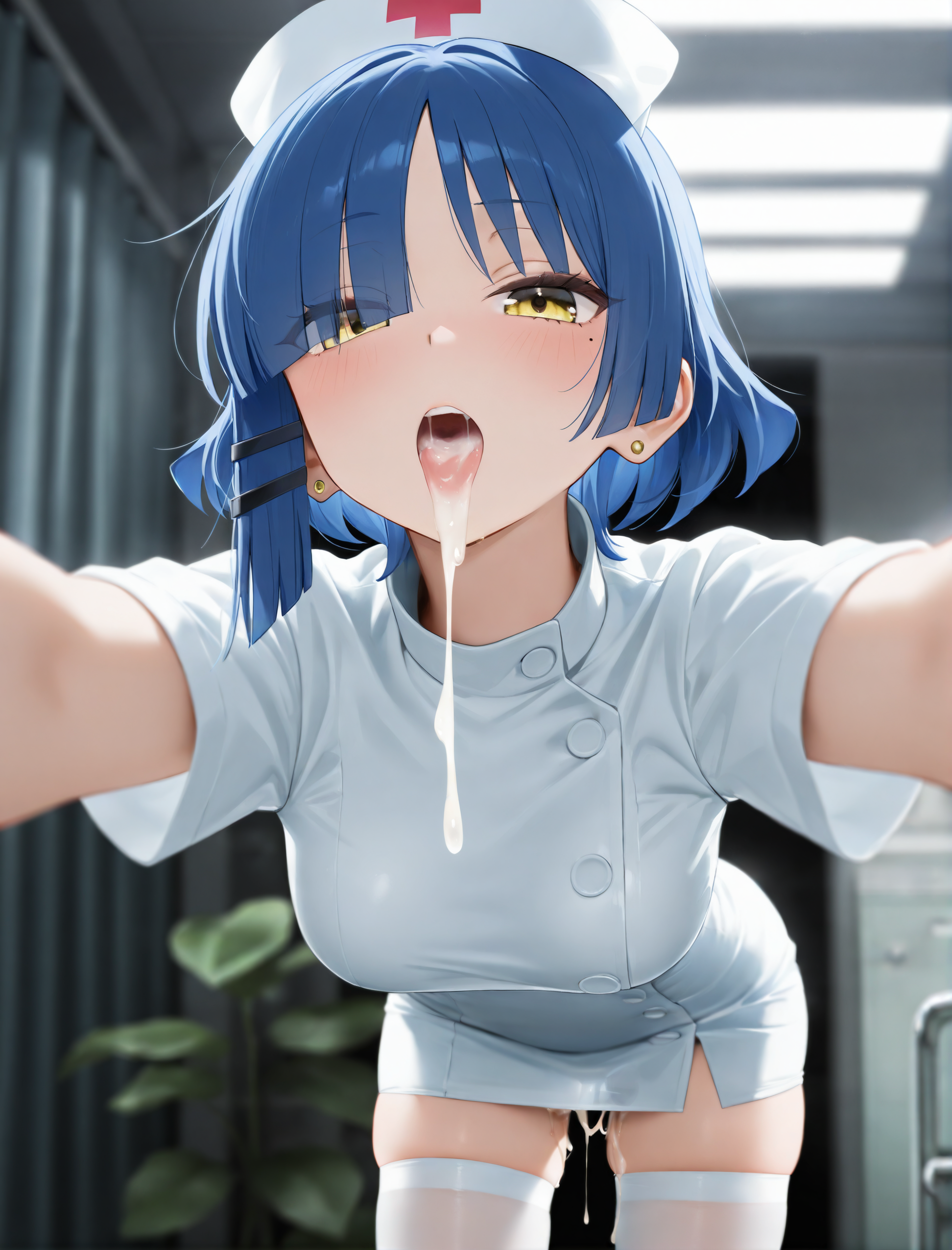 after oral, ai generated, anime, blue hair, blush, bocchi the rock!, breasts, cosplay, cum, cum drip, cum in mouth, cum in pussy, female, medium breasts, mitylin, mole, open mouth, pussy, solo, solo female, solo focus, stockings, white stockings, yamada ryou, yellow eyes