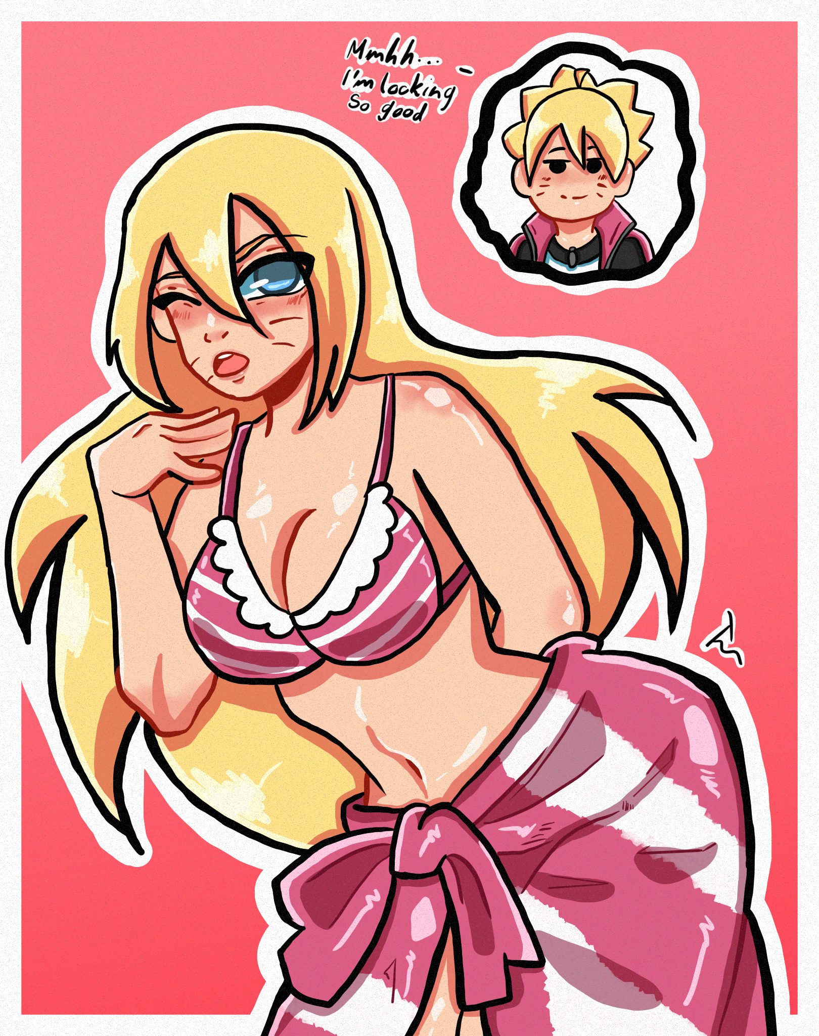 1boy, 1girls, bare arms, bare shoulders, bikini, bikini top, black eyes, blonde hair, blue eyes, blush, boruko, boruto, boruto: naruto next generations, boruto: naruto the movie, breasts, canon genderswap, chibi, cleavage, cute, dialogue, english text, female, female focus, gender transformation, genderswap, genderswap (mtf), hi res, high resolution, highres, hips, inner sideboob, jacket, lips, long skirt, makeup, male, medium breasts, naruto, naruto (series), necklace, nose blush, one eye closed, open mouth, perky breasts, pink bikini, pink bikini top, pink swimsuit, pinup, pose, posing, rule 63, sexy no jutsu, shonen jump, shounen jump, shueisha, skirt, solo, solo female, solo focus, swimsuit, text, tolgyesimiri, transformation, uzumaki boruto, very high resolution, weekly shonen jump, weekly shounen jump, wide hips, wink, winking, winking at viewer, yellow hair