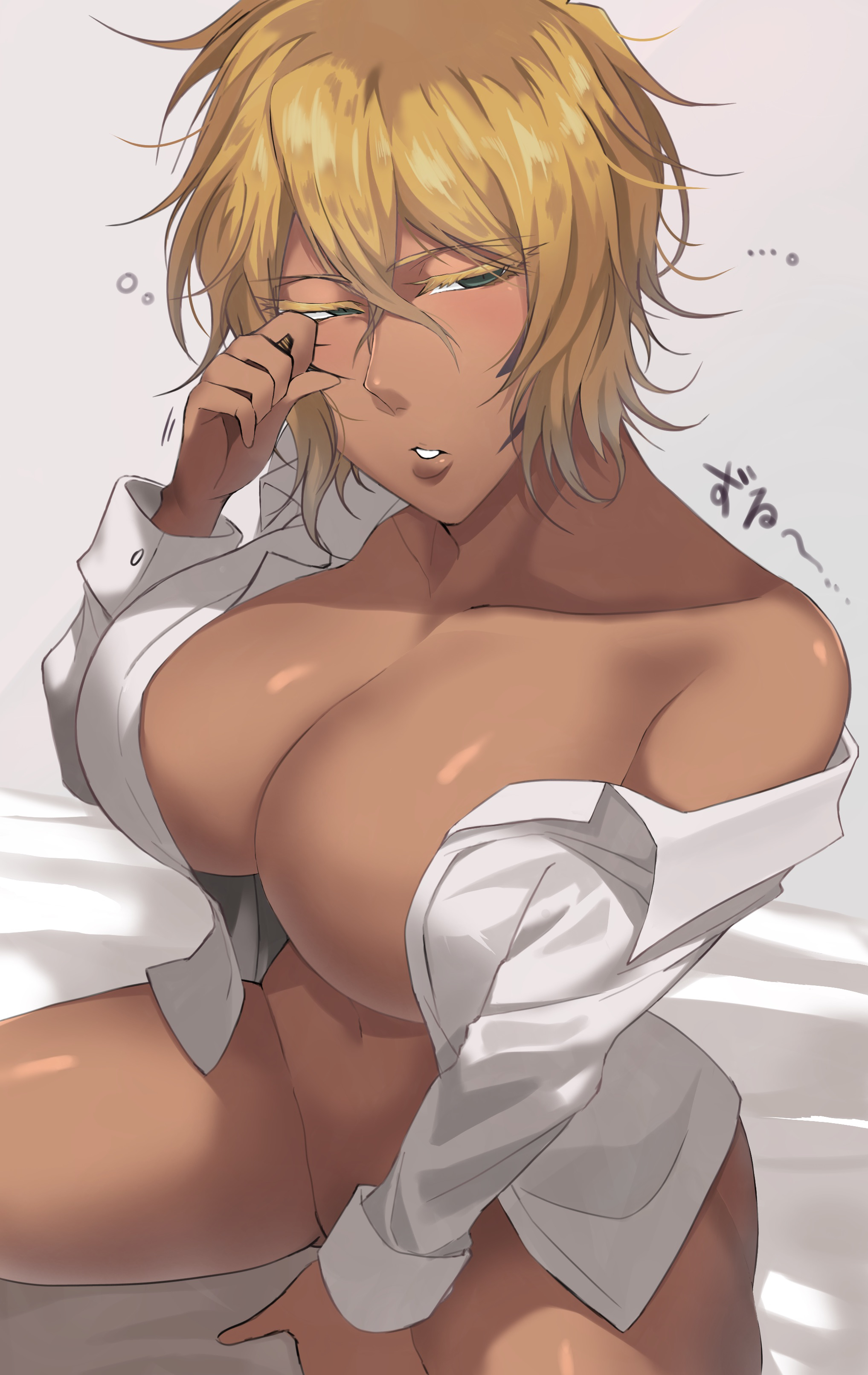 1girls, 2025, big breasts, bleach, blonde hair, breasts, covered nipples, dark skin, dark-skinned female, female, female focus, female only, green eyes, large breasts, legs apart, mature, mature female, messy hair, nijiran, no bra, no panties, sitting, tia harribel