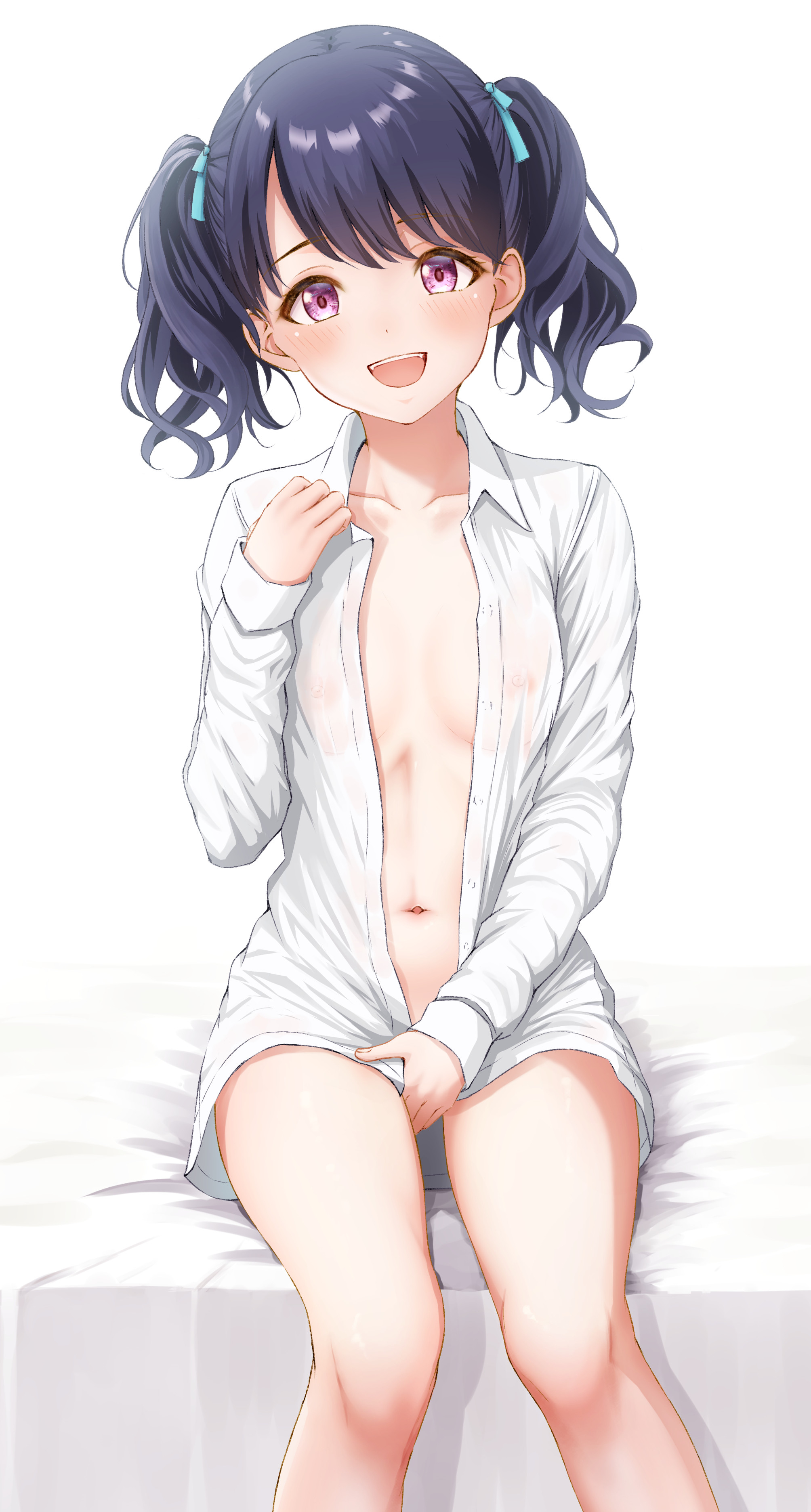 absurdres, aqua ribbon, bed sheet, blue hair, blush, breasts, ca paria, collarbone, commentary request, covered nipples, dark blue hair, feet out of frame, female, fukumaru koito, hair ribbon, highres, idolmaster, idolmaster shiny colors, looking at viewer, naked shirt, open clothes, open shirt, petite, ribbon, shirt, sitting, small breasts, smile, solo, stomach, thighhighs, twintails, white shirt