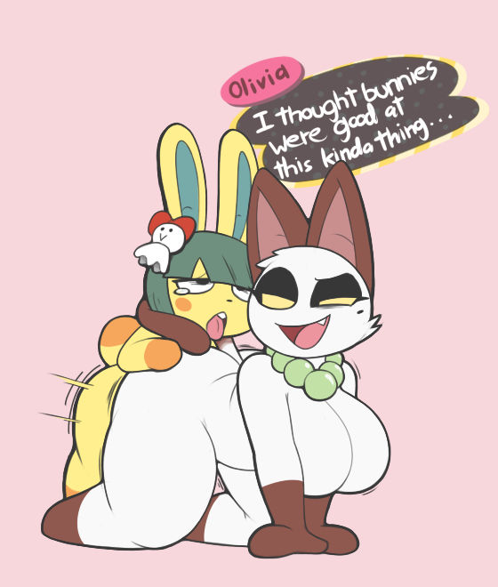 1boy 1girls aintsmart ambiguous_penetration animal_crossing anthro ass bent_over big_breasts big_ears blush blush_stickers breasts brown_fur dialogue featureless_breasts feline female functionally_nude furry huge_breasts lagomorph male mammal nintendo olivia_(animal_crossing) open_mouth penetration rabbit sanrio sex smile straight tail toby_(animal_crossing) tongue tongue_out video_games white_fur yellow_fur