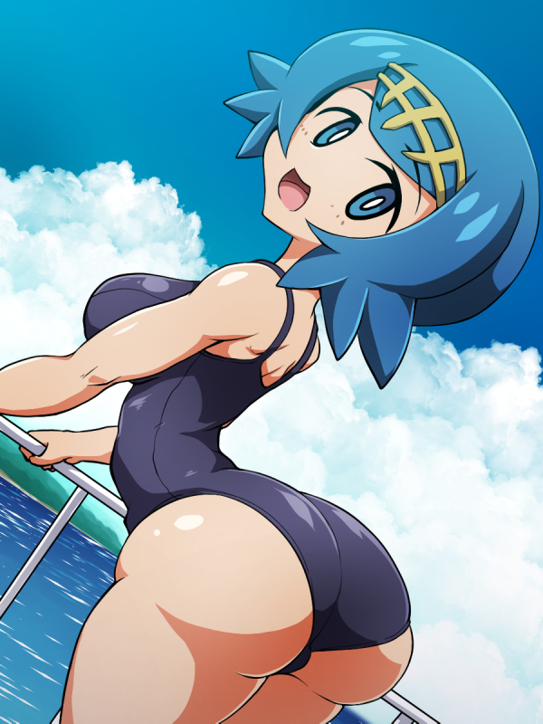 :d, 1girls, ass, ass focus, big ass, big butt, bimbo, blue hair, bubble ass, bubble butt, butt focus, female, huge ass, human, lana (pokemon), large ass, mob face, nintendo, plump ass, pokemon, pokemon sm, presenting, presenting hindquarters, solo, swimsuit, thick ass