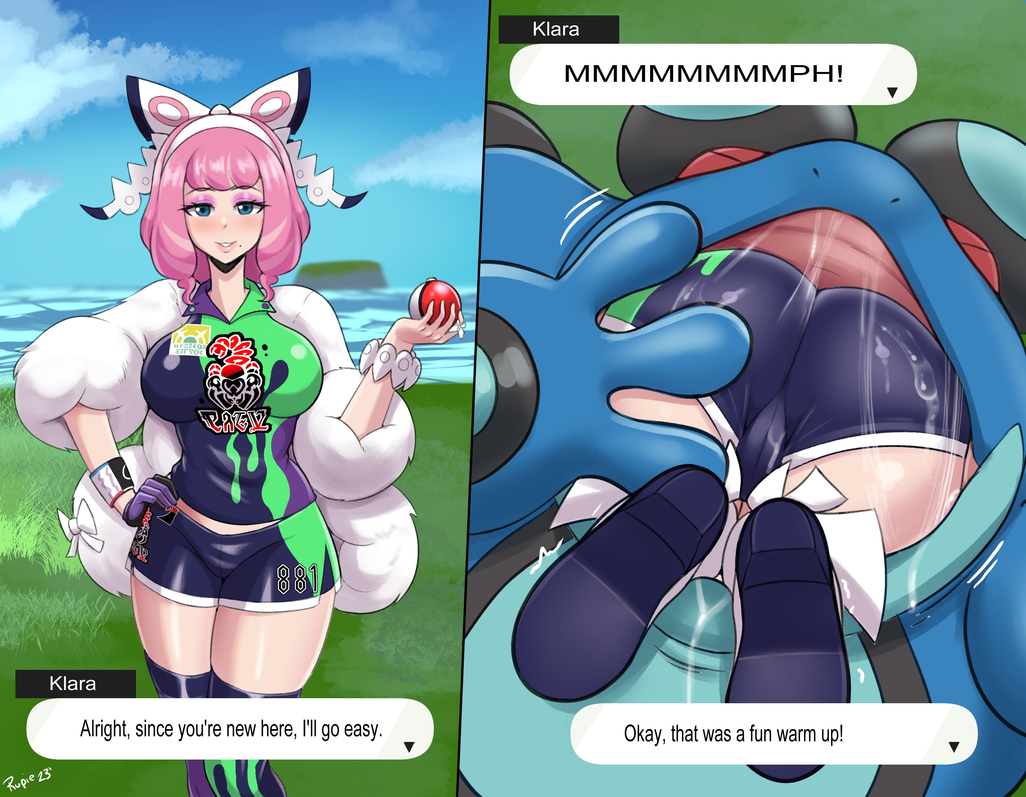 1girls, amphibian, ass, big ass, big breasts, breasts, cameltoe, dialogue, female, female prey, feral, feral pred, frog, human, human prey, instant loss, instant loss 2koma, klara (pokemon), monster, monster pred, oral, oral vore, pink hair, pokemon, pokemon (species), pussy, rupie (artist), seismitoad, text, text box, vore