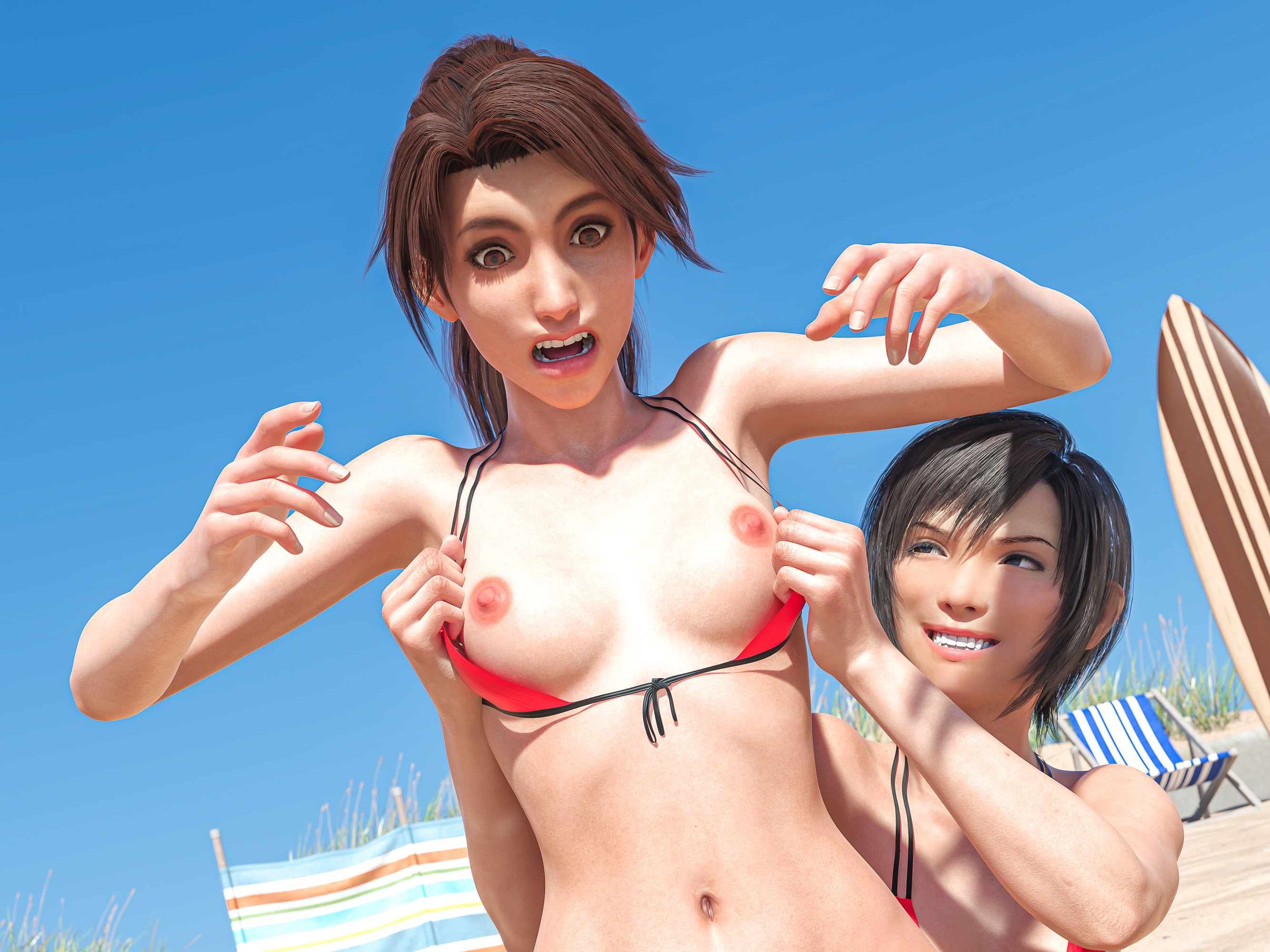 2girls, 3d, beach, black hair, bra, breasts, breasts out, brown hair, female, female focus, female only, final fantasy, final fantasy vii, final fantasy vii remake, jessie rasberry, medium breasts, nipples, phantaseye, short hair, summer, teenage female, teenager, tied hair, yuffie kisaragi