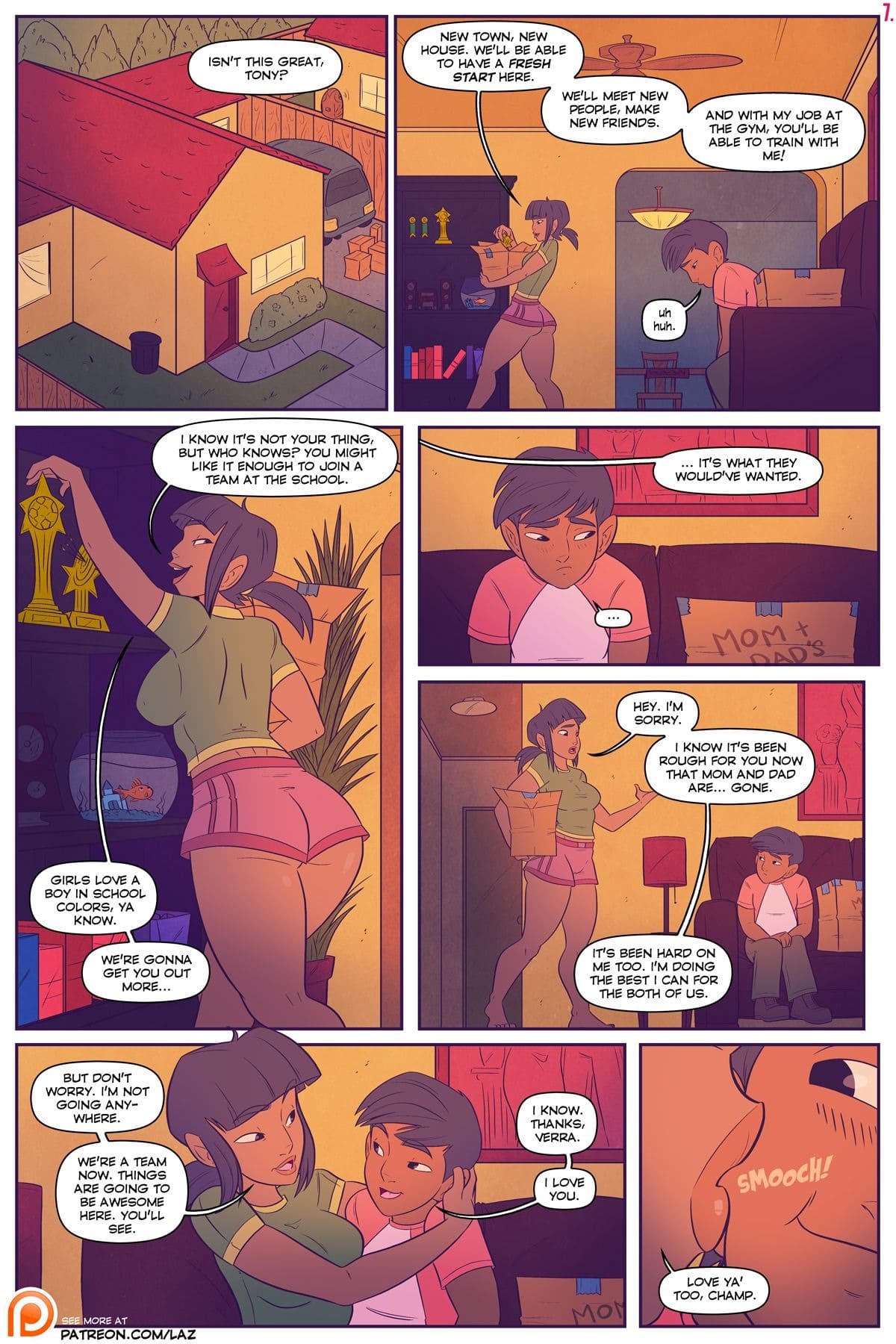 ass, big ass, big breasts, black hair, breasts, brother and sister, comic, dark skin, dark-skinned female, dark-skinned male, female, kiss on cheek, laz (madefromlazers), looking back, male, ponytail, short shorts, speech bubble, there goes the neighborhood, thick thighs