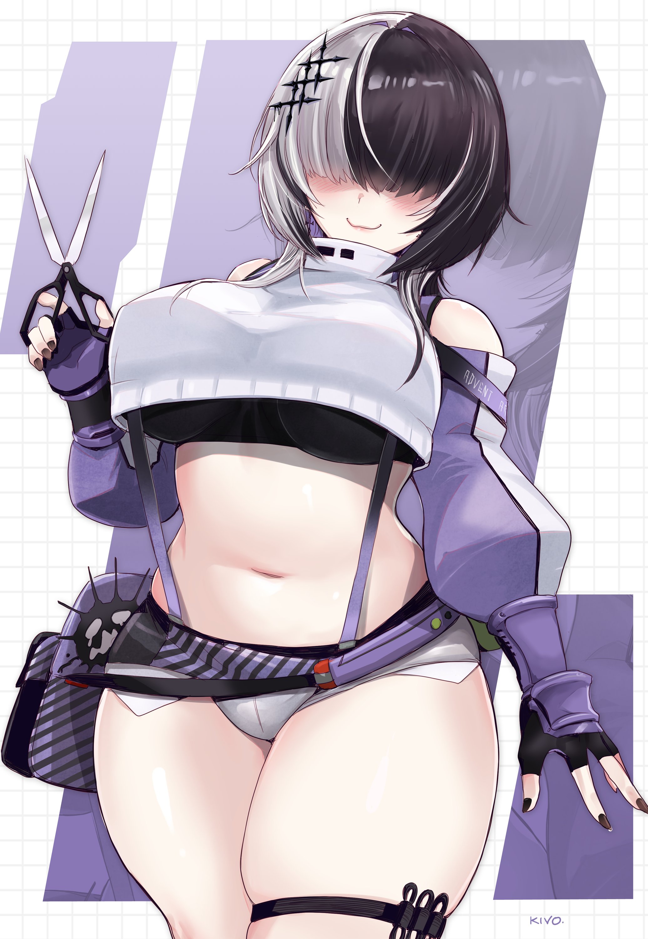 bare shoulders, barely visible genitalia, belly, black hair, black nails, booty shorts, breasts, cosplay, cowboy shot, crop top, crossover, elegg (nikke), eyes covered, female, fingerless gloves, genital outline, goddess of victory: nikke, goth, goth girl, grey shirt, grey shorts, hair ornament, hair over eyes, holding object, hololive, hololive english, hololive english -advent-, huge breasts, kivo, kivonotbabu, midriff, midriff baring shirt, multicolored hair, nail polish, painted nails, plump, pussy, pussy outline, scissors, shiori novella, short shorts, shorts, skindentation, skirt, smirk, smug, split-color hair, sports bra, stomach, streaked hair, suspenders, thick thighs, thigh strap, underboob, virtual youtuber, white hair