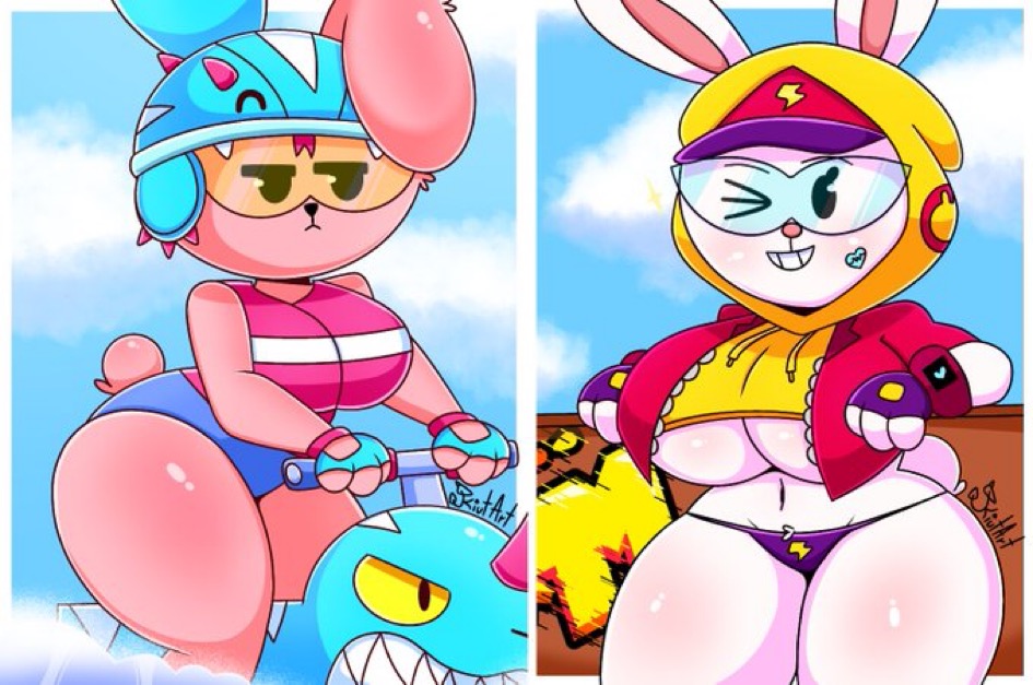 2girls big_ass big_breasts blue_visor brawl_stars breasts bt21 cony_(line) curvy_figure female helmet jacky_(brawl_stars) jacky_cooky_(brawl_stars) jet_ski kiut_arts line_(app) line_friends max_(brawl_stars) rabbit streetwear_max thick_thighs visor voluptuous_female wave_hopper_jacky_(brawl_stars) yellow_hoodie