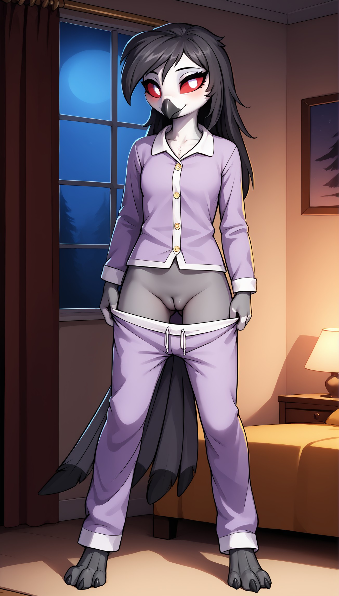 1girls, 2025, ai generated, anthro, avian, beak, bed, bedroom, black body, black feathers, black hair, blushing, digitigrade, female, female only, helluva boss, hi res, indoors, innie pussy, long hair, looking at viewer, night, octavia (helluva boss), pajamas, pants down, pulling down pants, pussy, red eyes, smile