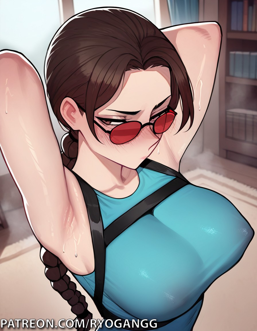 1girls 2d ai_generated armpits arms_up brown_eyes brown_hair embarrassed lara_croft lara_croft_(classic) lara_croft_(survivor) large_breasts long_hair looking_over_eyewear looking_over_sunglasses no_bra patreon_username ponytail ponytails ryogangg sunglasses tank_top tinted_eyewear tomb_raider