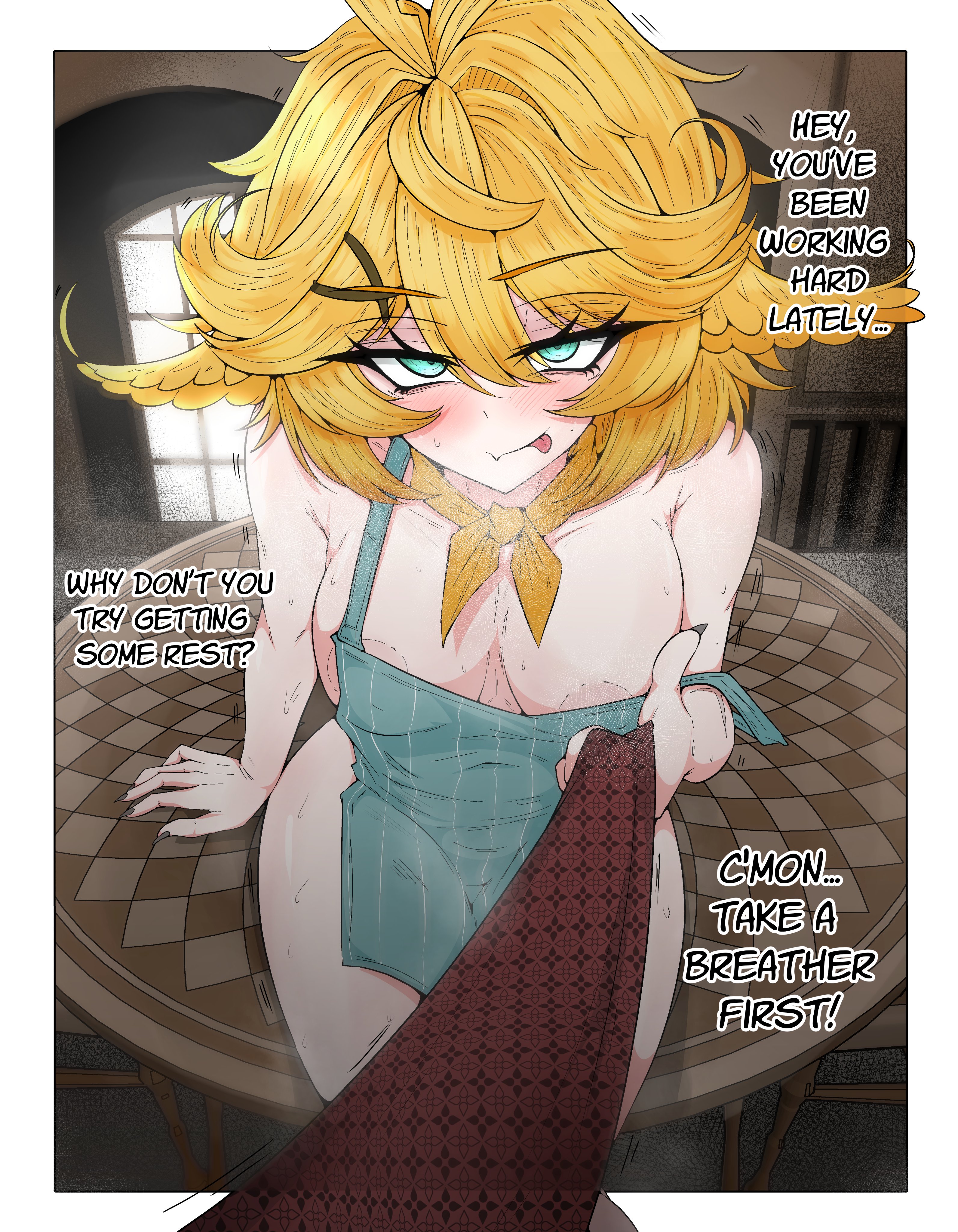 apron, breasts, cleavage, dokibird, female, indie virtual youtuber, large breasts, looking at viewer, mayoartworks, naked apron, necktie, necktie pull, pov, steam, sweat, tie, virtual youtuber, wide hips
