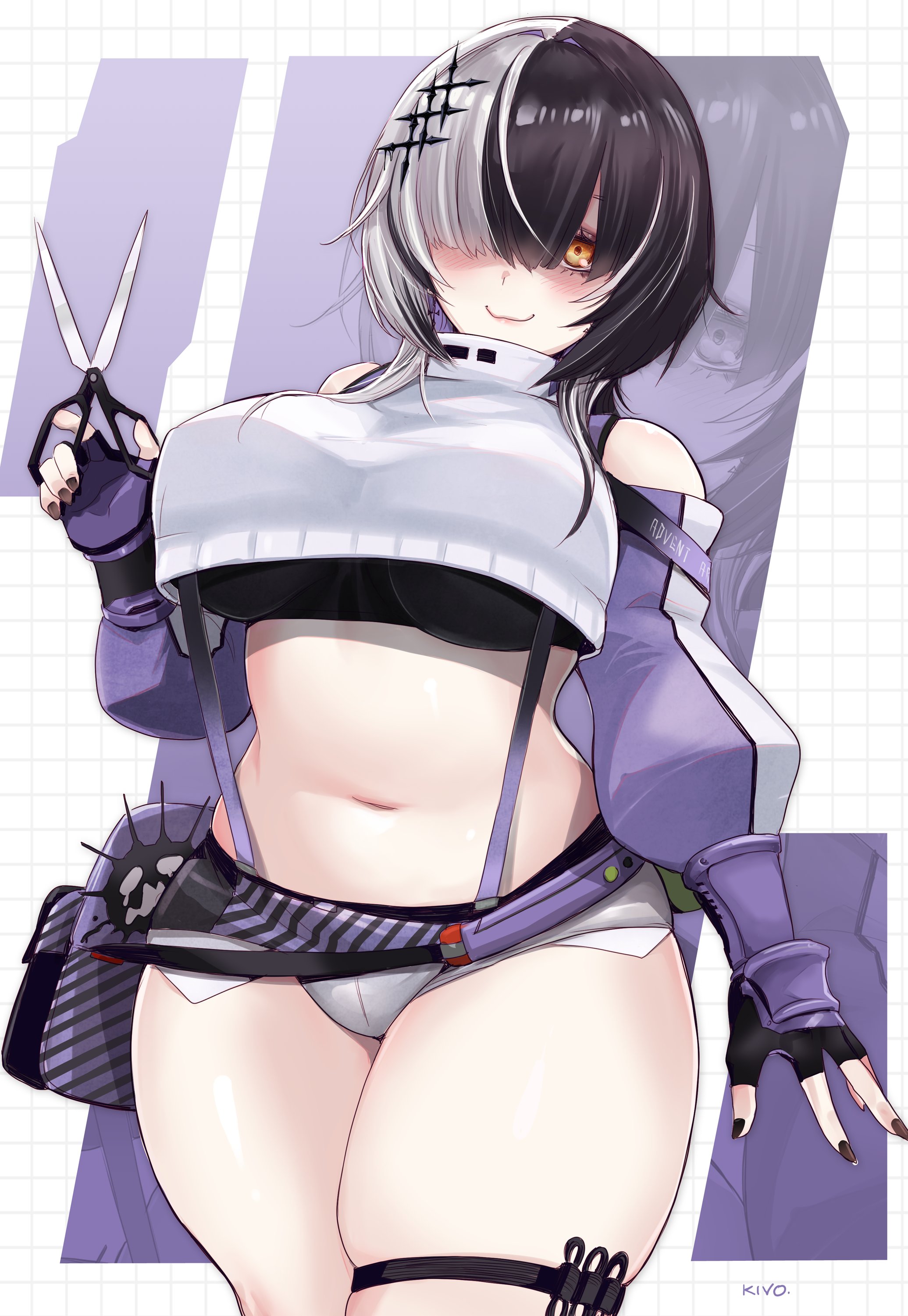 bare shoulders, barely visible genitalia, belly, black hair, black nails, booty shorts, breasts, cosplay, cowboy shot, crop top, crossover, elegg (nikke), eyeliner, female, fingerless gloves, genital outline, goddess of victory: nikke, goth, goth girl, grey shirt, grey shorts, hair ornament, hair over eyes, hair over one eye, holding object, hololive, hololive english, hololive english -advent-, huge breasts, kivo, kivonotbabu, midriff, midriff baring shirt, multicolored hair, nail polish, one eye obstructed, painted nails, plump, pussy, pussy outline, scissors, shiori novella, short shorts, shorts, skindentation, skirt, smirk, smug, split-color hair, sports bra, stomach, streaked hair, suspenders, thick thighs, thigh strap, underboob, virtual youtuber, white hair, yellow eyes