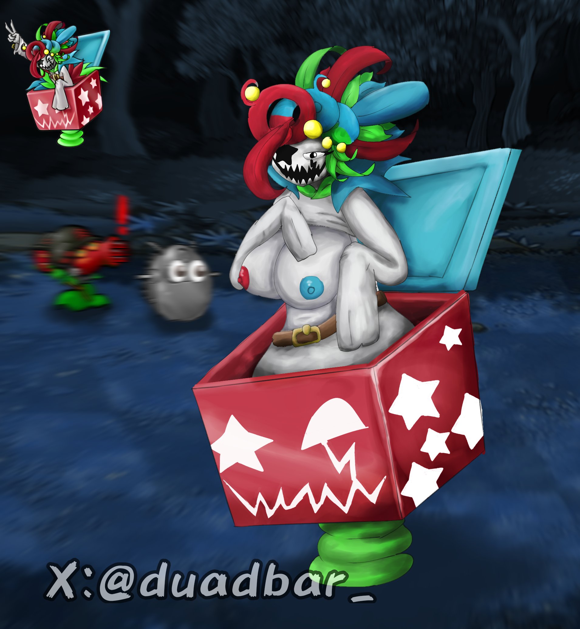 1girls, abstract background, big breasts, breasts, breasts out, clown queen, completely nude, duabdar, duadbar, explosion, female, female only, gatling pea (pvz), jack in the box (toy), masked female, nude, nude female, plants vs zombies, plants vs. zombies fusion, ruprichi, tagme, toy queen (pvzfusion), ya llego el ruprichi, zombie, zombie (pvz), zombie girl