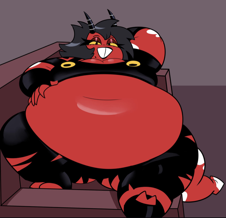 belly, belly rolls, breasts, chubby, chubby female, fat, female, helluva boss, huge thighs, hyper belly, lazy, lounging, millie (helluva boss), obese, obese female, overweight, overweight female, pov, superspoe