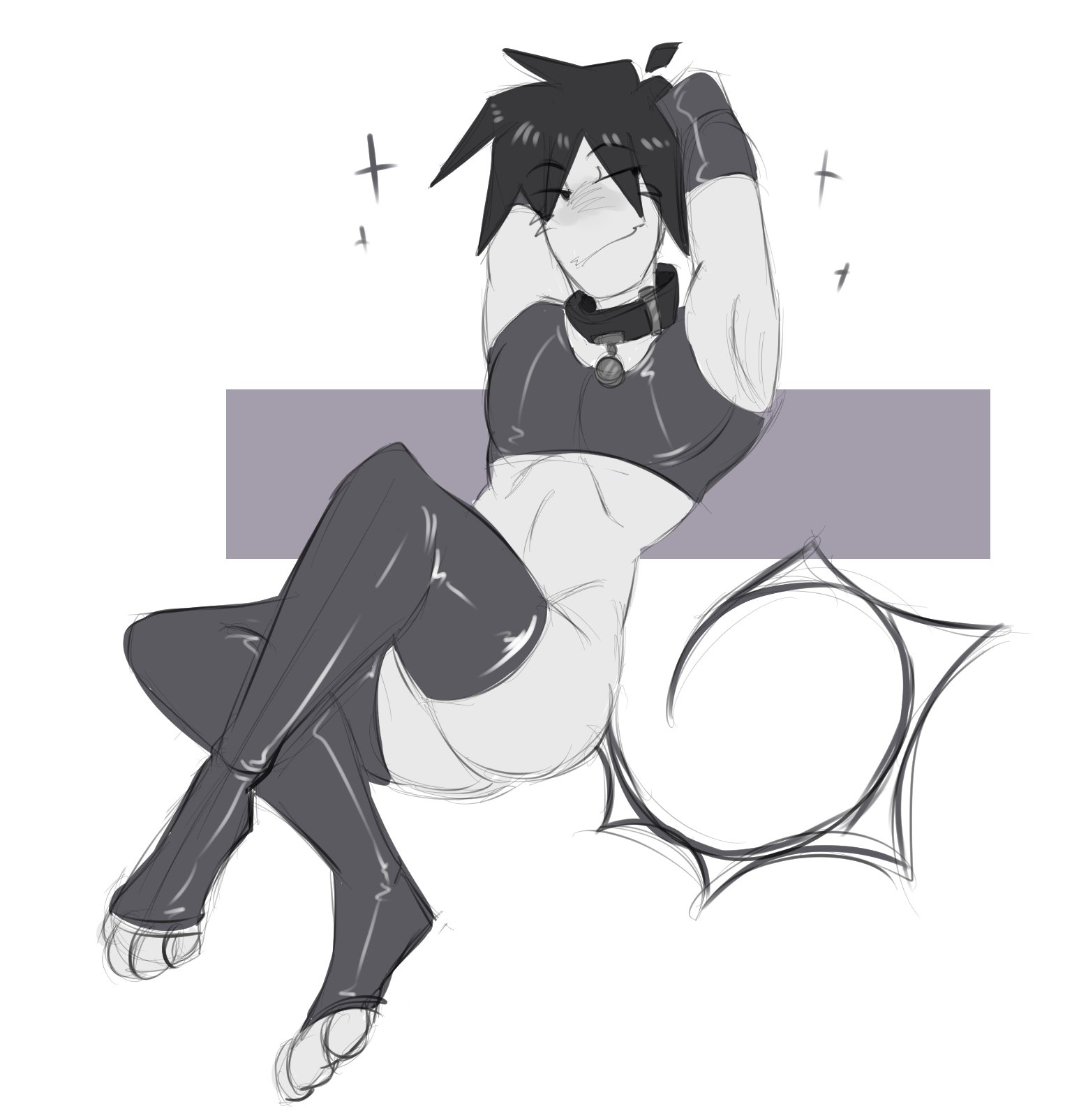 1other, 2d, 2d (artwork), ambiguous gender, ambiguous only, arms behind head, ass, black and white, black clothing, black hair, black legwear, black stockings, black thighhighs, blinking, bottomless, choker, collar, collar tag, crop top, crossed legs, flat chest, flat chested, flat colors, forsaken (roblox), grey body, grey skin, greyscale, half dressed, half naked, half nude, half-dressed, latex, latex thighhighs, looking at viewer, monochrome, n3crodura, no panties, no sex, no visible genitalia, nonbinary, panties removed, paws, posing, posing for the viewer, roblox, roblox game, robloxian, showing armpits, simple background, sitting, solo, star (symbol), stockings, tail, thigh highs, thighs, tight clothing, tits, topwear, two time, white background