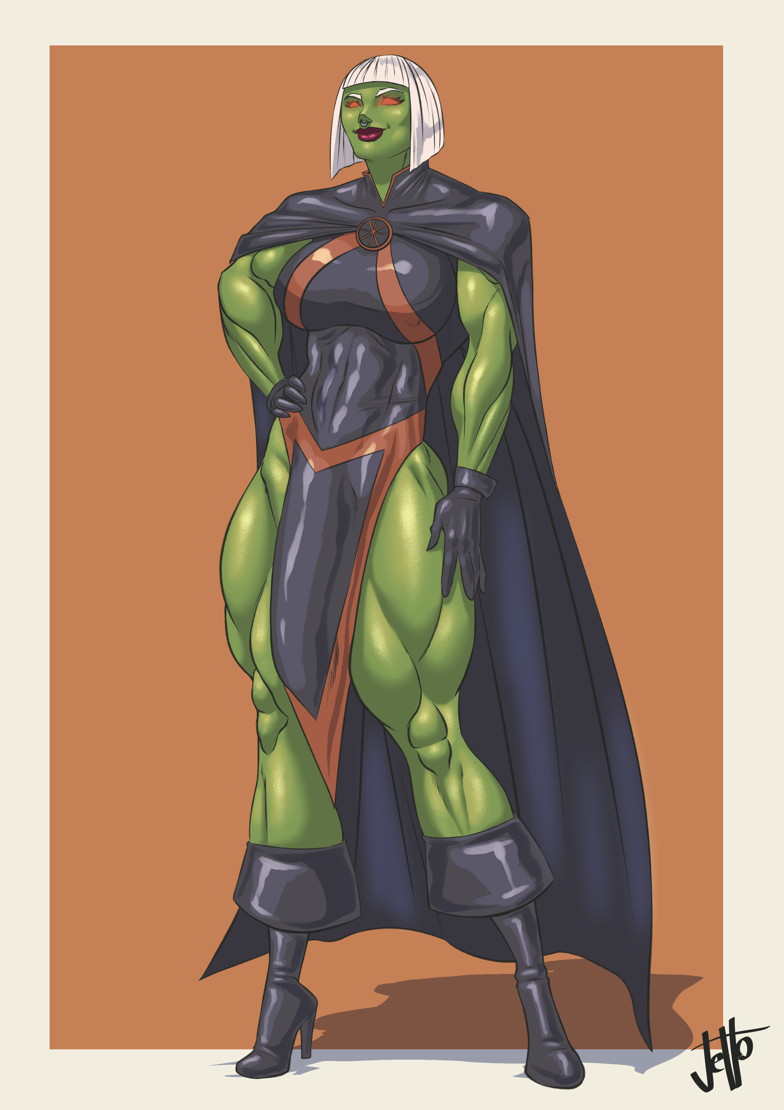 1futa, bangs, bob cut, breasts, bulge, bulge through clothing, bylgbryda, cosplay, dc, dc comics, futa only, futanari, glowing eyes, green skin, hand on hip, huge cock, intersex, jetto, justice league, martian manhunter, miss martian (cosplay), muscular, muscular futa, penis, red eyes, solo, subtle penis, white hair, young justice