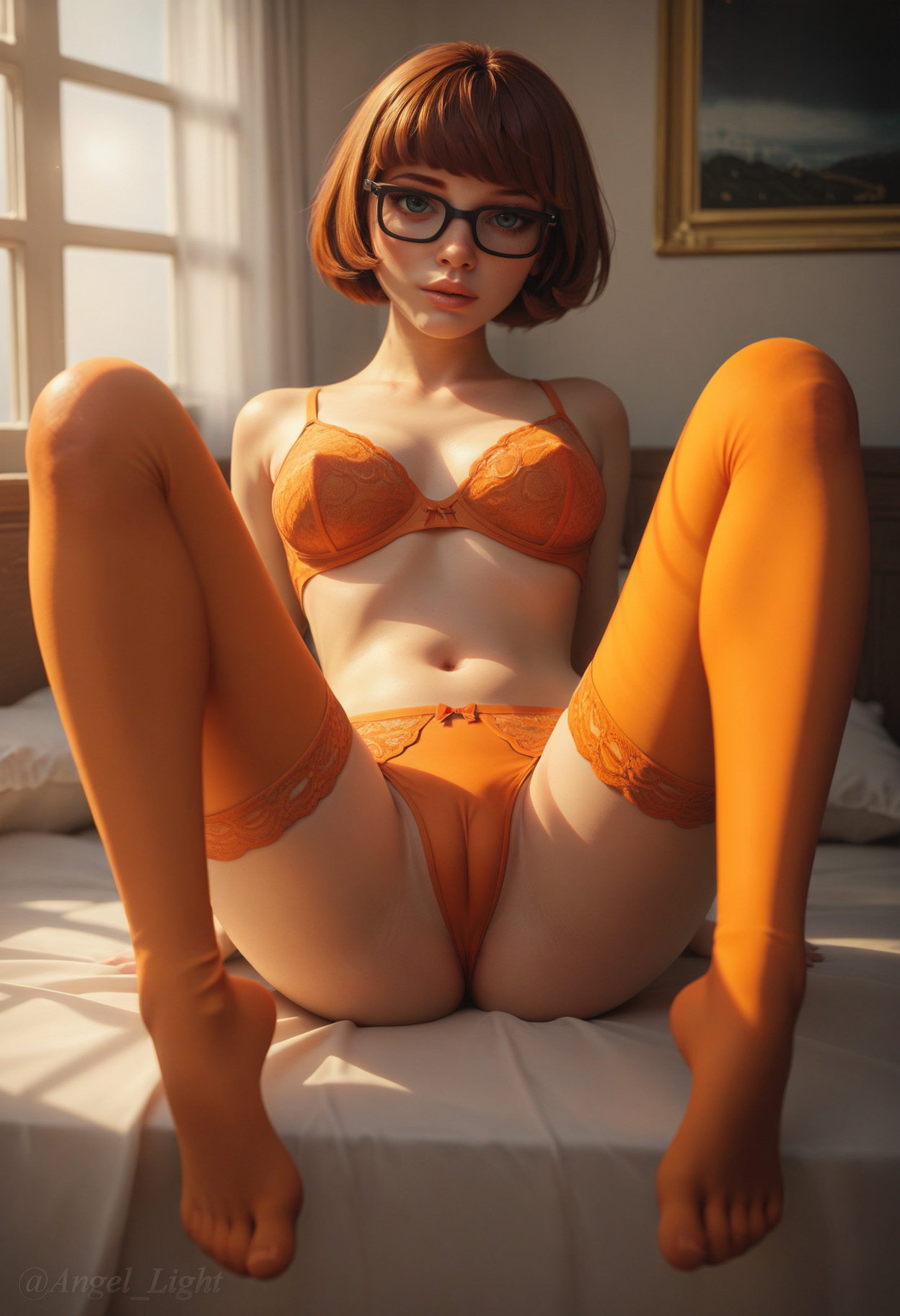 ai generated, angel light, angel light (artist), blue eyes, brown hair, cameltoe, female, glass, hanna-barbera, lingerie, navel, pussy, scooby-doo, spread legs, stockings, velma dinkley
