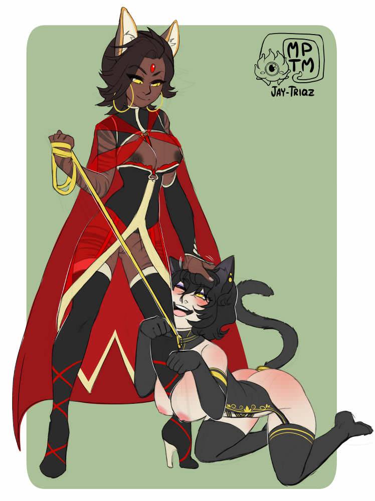 2girls, black hair, boot fetish, boots, butt plug tail, buttplug tail, collar, dark skin, dark-skinned female, elbow gloves, faunus, female, femdom, hand on head, head pat, high heel boots, hoop earrings, kali belladonna, leash, multiple females, multiple girls, my pet tentacle monster, petplay, pussy, rwby, sienna khan, smile, tail plug, thigh high boots, tiger stripes, yellow eyes, yuri