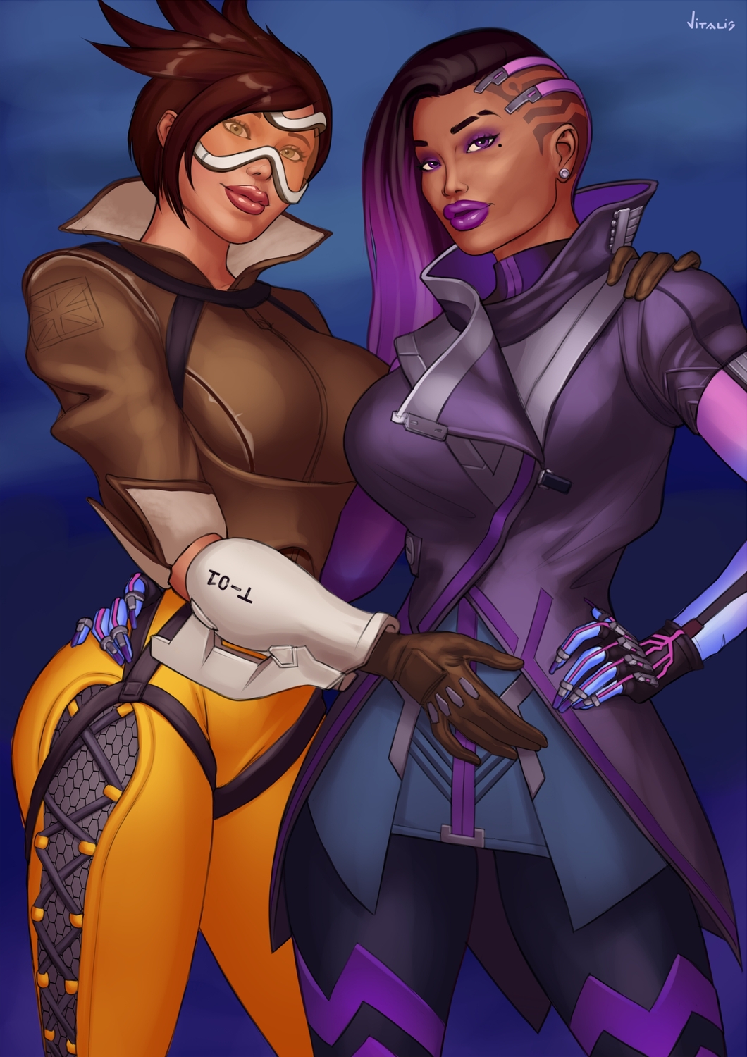 2girls bimbofication bodysuit breasts brown_hair female female_only large_lips lipstick long_hair multicolored_hair multiple_girls overwatch overwatch_2 pre-transformation preview purple_lipstick short_hair signature simple_background sombra tracer transformation vitalis