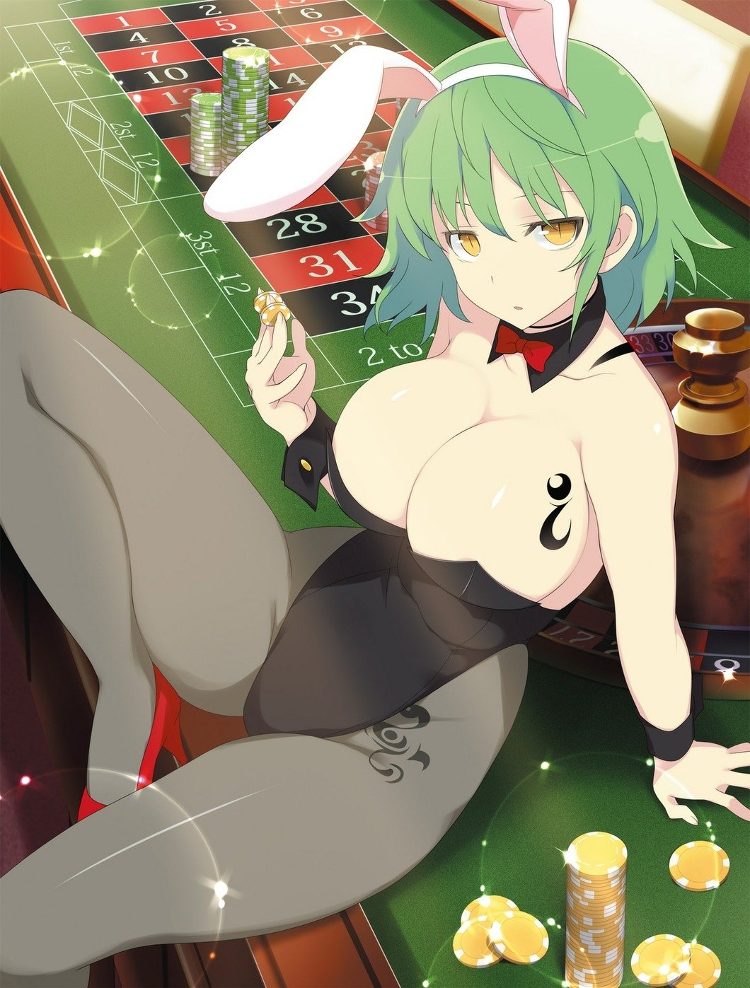 1girls, big breasts, breasts, bunny ears, bunnysuit, casino, cleavage, female, green hair, hikage (senran kagura), large breasts, looking at viewer, looking up, pantyhose, poker chip, senran kagura, senran kagura (series), solo, tattoo, yaegashi nan, yellow eyes