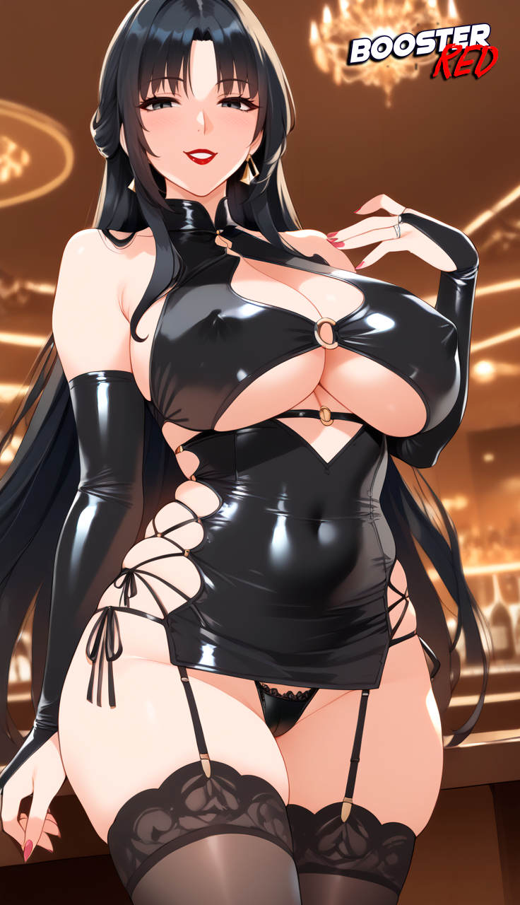 1girls ai_generated bare_shoulder big_breasts black_eyes black_hair bodycon boosterred99 bridal_gauntlets busty cameltoe cleavage clothing_cutout covered_navel covered_nipples cutout dress earrings female female_only large_breasts latex_panties lipstick long_hair my_mother_the_animation nush_(xter) parted_lips pony_diffusion_xl ring seductive seductive_smile sensual shiny_clotheside-tie_panties side_locks sideboob skirt smile solo stable_diffusion stockings underboob voluptuous