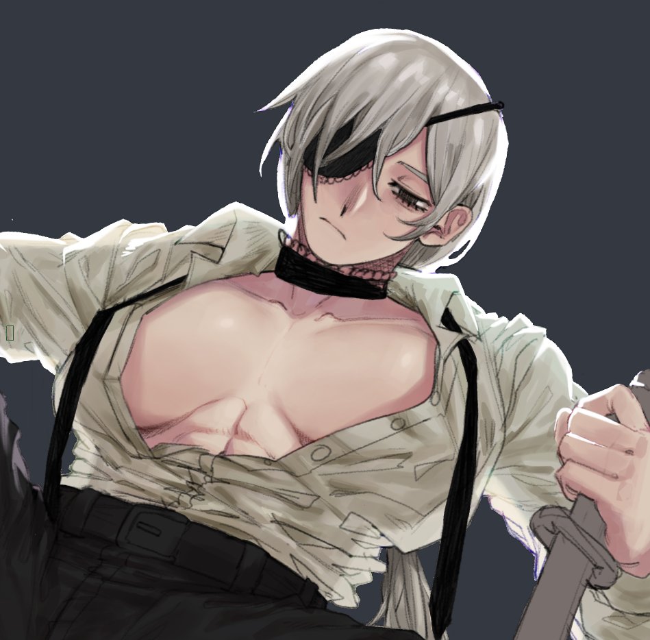 1girls artukolatte breasts button_down_shirt chainsaw_man clothed cropped emotionless exposed_breasts eye_patch female_only grey_hair inner_sideboob large_breasts lesbian no_background quanxi_(chainsaw_man) sideboob sketch source_request suit sword tie toned_stomach work_in_progress yuri