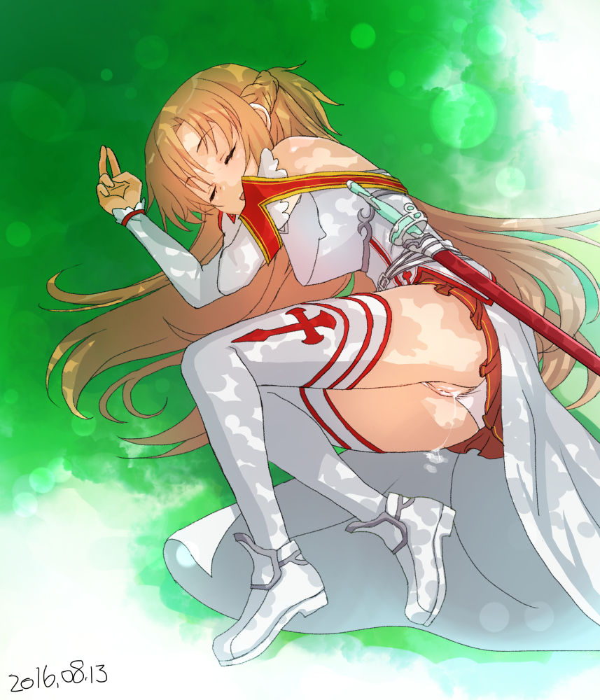 aincrad brown_hair closed_eyes cum_in_pussy cum_inside dated female ginko_(silver_fox) grass knights_of_the_blood lambent_light long_hair lying on_side pussy rapier red_skirt skirt sleeping sword sword_art_online thighhighs uncensored weapon white_legwear yuuki_asuna