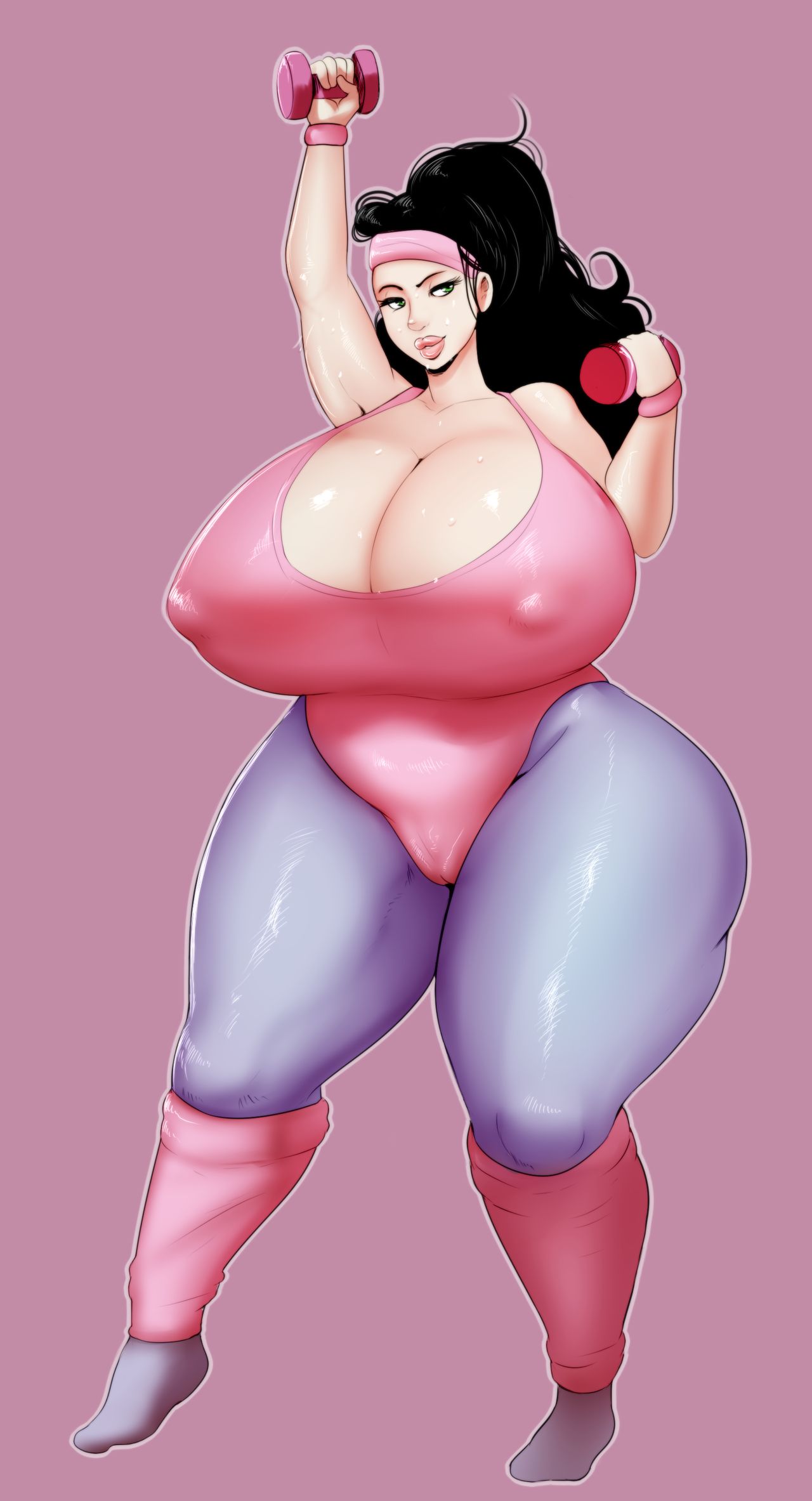 ass, bbw, big ass, big lips, black hair, breasts, female, green eyes, hand above head, headband, huge breasts, leg warmers, legwear, lemonfont, leotard, looking at viewer, nipple bulge, no bra, ponytail, shiny skin, sweat, thick thighs, tight clothing, weightlifting, wide hips, workout, wristband