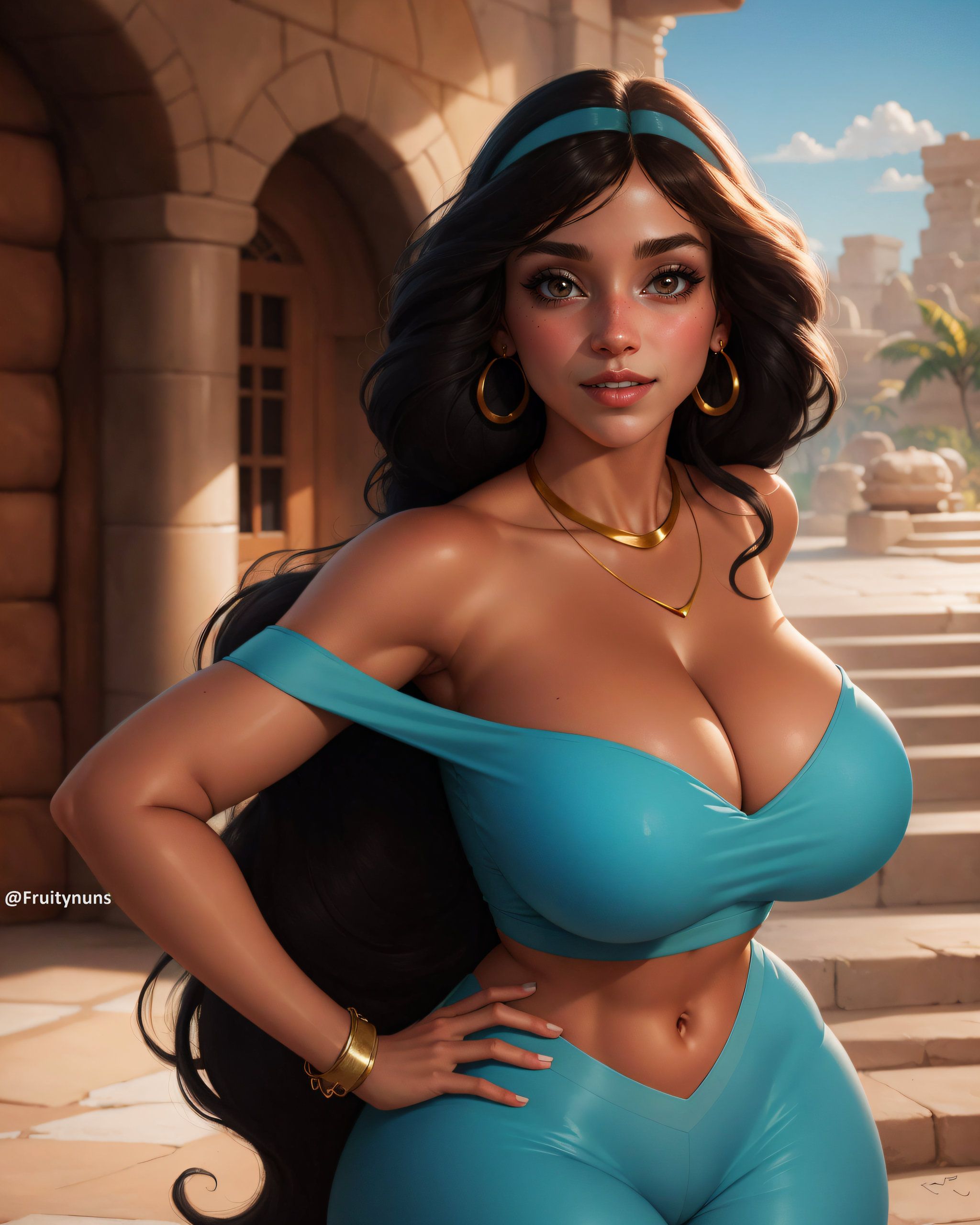 1girls, ai generated, aladdin, aladdin (1992 disney film), arabian female, ass, big ass, big breasts, black hair, breasts, busty, confident, dark skin, dark-skinned female, disney, disney princess, earrings, fat ass, fat breasts, female, fruitynuns, hips, huge breasts, large breasts, middle eastern female, princess, princess jasmine, royalty, thick, thick thighs, thighs, tight clothing, wide hips