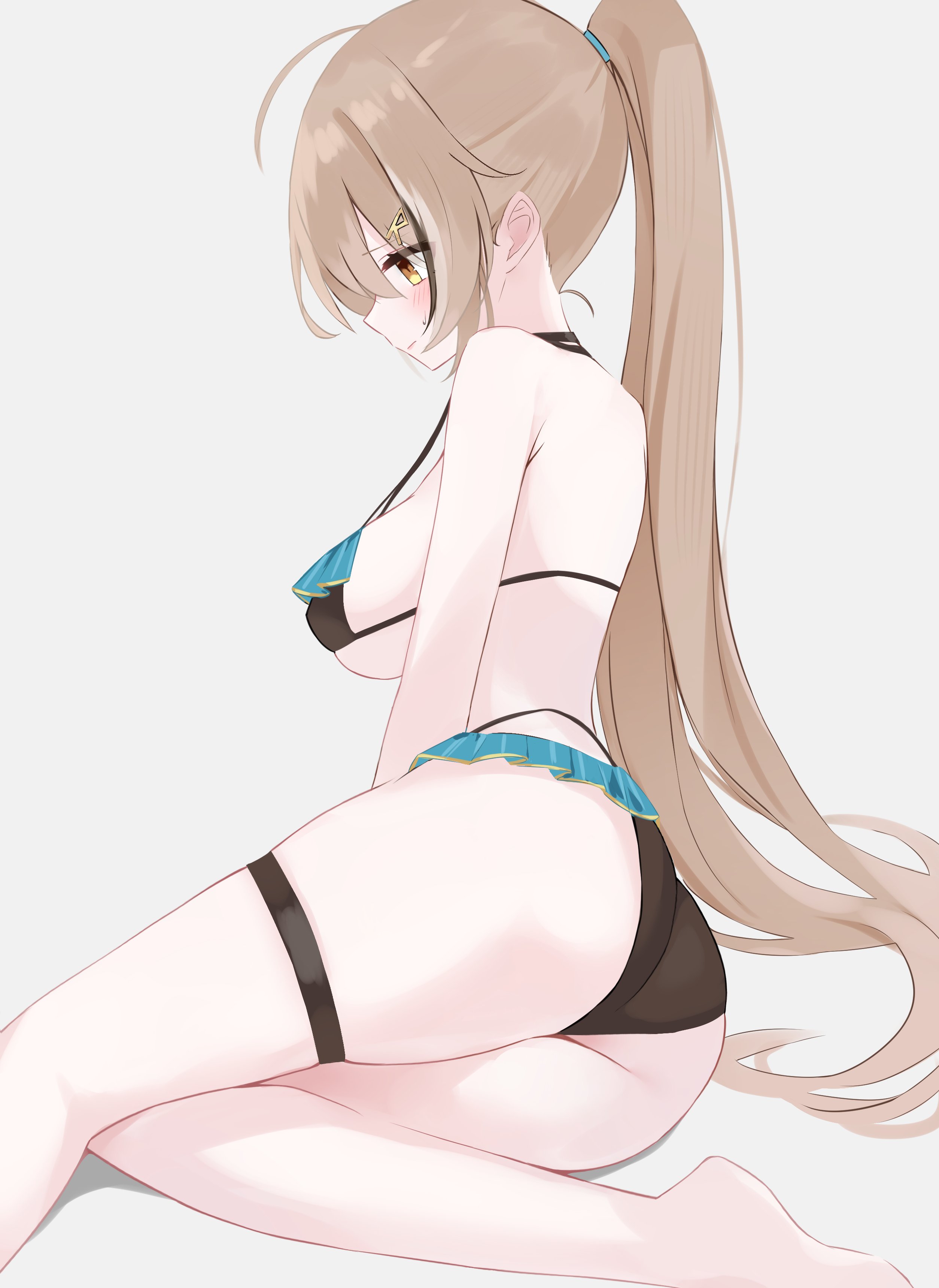 1girls, 2d, 2d (artwork), alternate costume, artist request, ass, bikini, black bikini, black bikini bottom, black bikini top, brown eyes, brown hair, female, female focus, female only, high resolution, highres, hololive, hololive english, hololive english -council-, hololive english -promise-, light skin, light-skinned female, long hair, long ponytail, nanashi mumei, ponytail, revealing swimsuit, side view, simple background, slim female, solo female, solo focus, swimsuit, thong, thong bikini, two piece swimsuit, two-tone hair, virtual youtuber, vtuber, vtuberfanart, white background, yellow eyes, young, younger female