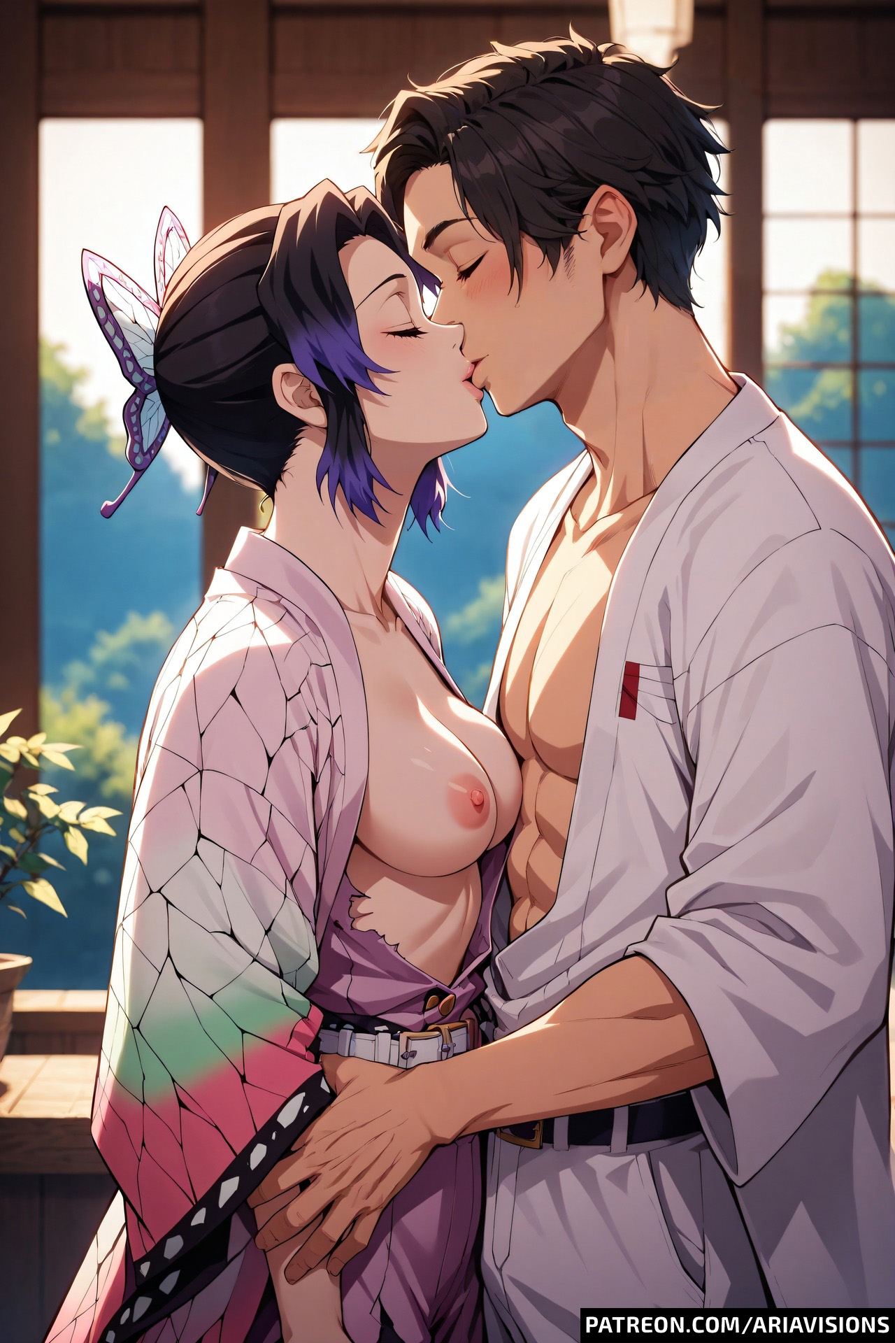 1boy, 1girls, ai generated, black hair, breasts, demon slayer, empty eyes, female, half naked, kimetsu no yaiba, kissing, kochou shinobu, male, mommy, multicolored hair, no pupils, purple eyes, purple hair