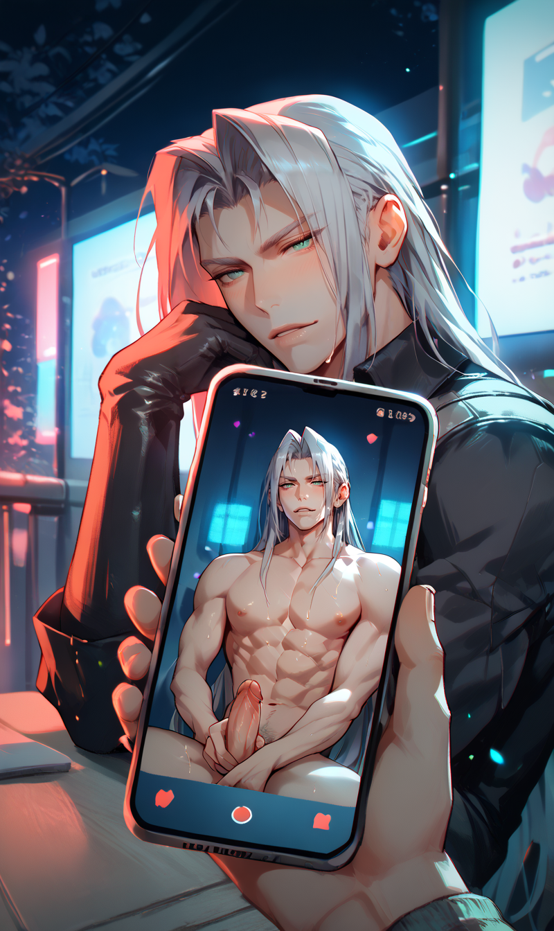 2boys ai_generated final_fantasy_vii gay grey_hair jacket light-skinned_male light_skin long_hair looking_at_viewer muscles muscular muscular_male naked nipples nude nude_male penis phone sephiroth yamixxxai yaoi