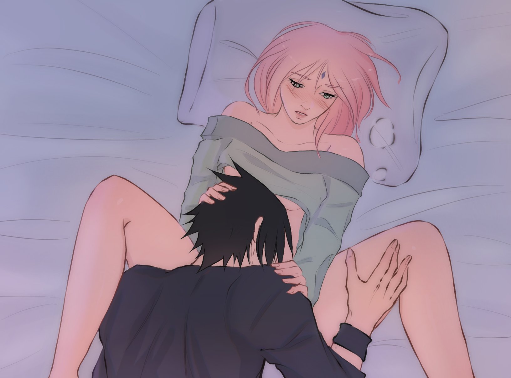 1boy, 1girls, bed, bed sheet, black hair, black shirt, blush, breasts, canon couple, color, female, green eyes, green shirt, hand on another's thigh, husband and wife, imminent cunnilingus, jyacira1, looking at partner, looking pleasured, lying, lying on back, lying on bed, male, married couple, naruto, naruto (series), naruto: the last, nipples, no bra, partially clothed, pink hair, romantic, romantic couple, sakura haruno, sasuke uchiha, short hair, spiky hair, spread legs, straight, underboob, unseen male face, visible breath, white background