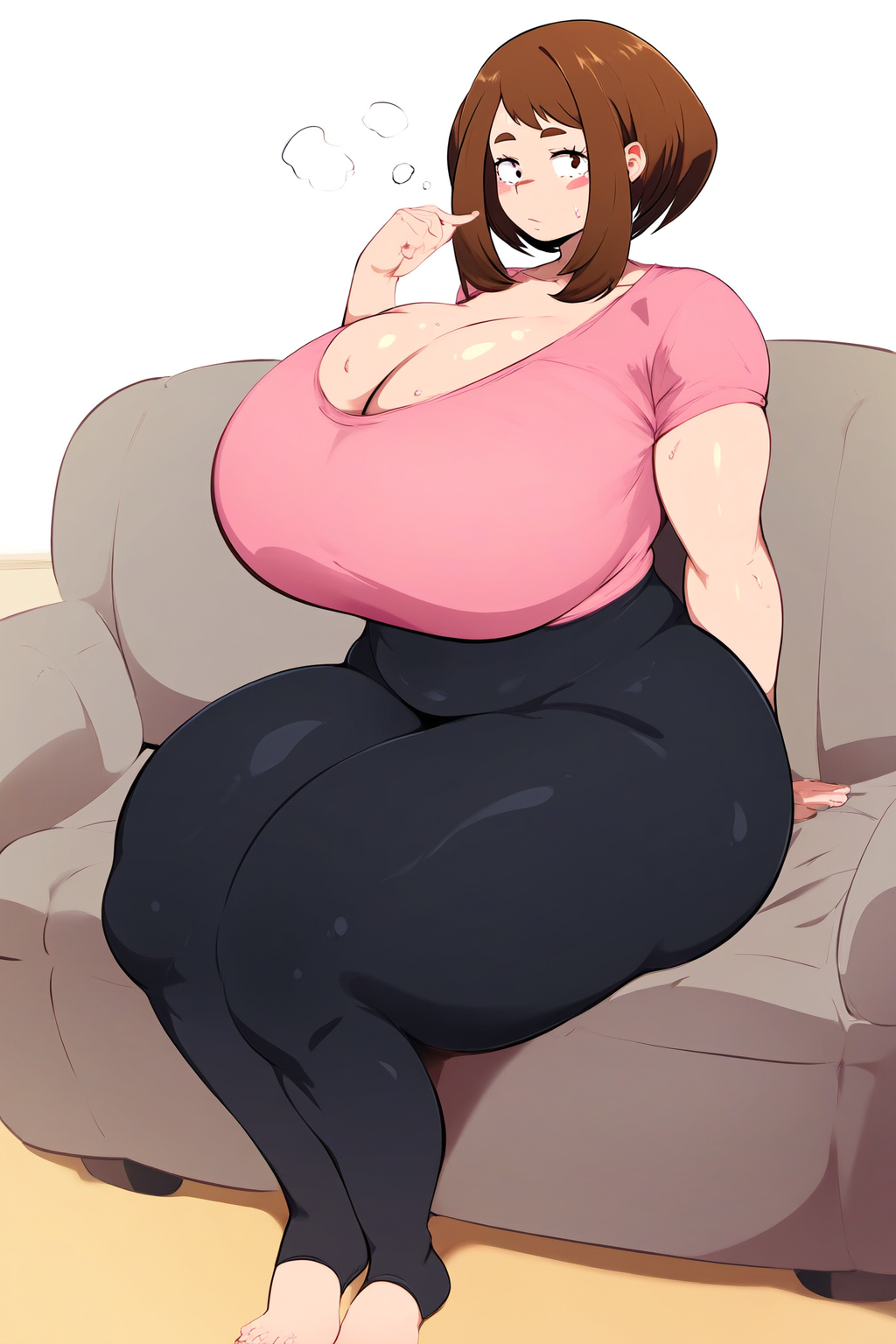 ai_generated big_ass big_breasts black_leggings cleavage fat_ass goldencum34 huge_ass huge_breasts looking_at_viewer my_hero_academia ochako_uraraka on_couch pink_shirt thick_thighs uraraka_ochako wide_hips