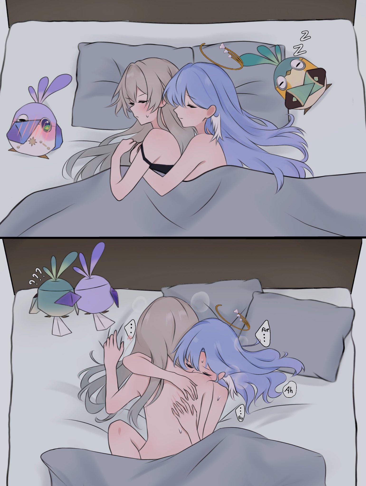 2girls, bed, bed sheet, before and after, bird, blush, closed eyes, cuddling, female, female only, firefly (honkai: star rail), halo, honkai (series), honkai: star rail, instant loss 2koma, lesbian focus, on bed, pillow, robin (honkai: star rail), sex, sheet grab, sleeping, sleepover, sweatdrop, wholesome, yuri, zzz