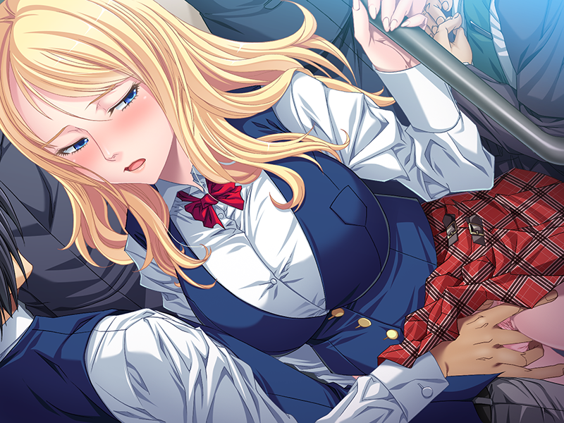 blonde_hair blue_eyes blush bowtie breasts chikan collared_shirt embarrassed female fingering game_cg half-closed_eyes highres large_breasts legs long_hair long_sleeves looking_to_the_side molestation necktie original panties parted_lips pink_panties school_uniform skirt skirt_lift solo_focus standing suit thighs train train_interior underwear watashi,_hentai_ni_nacchau:_kore_ga_akogare_no_ryuugaku_seikatsu!? yoshizawa_tomoaki