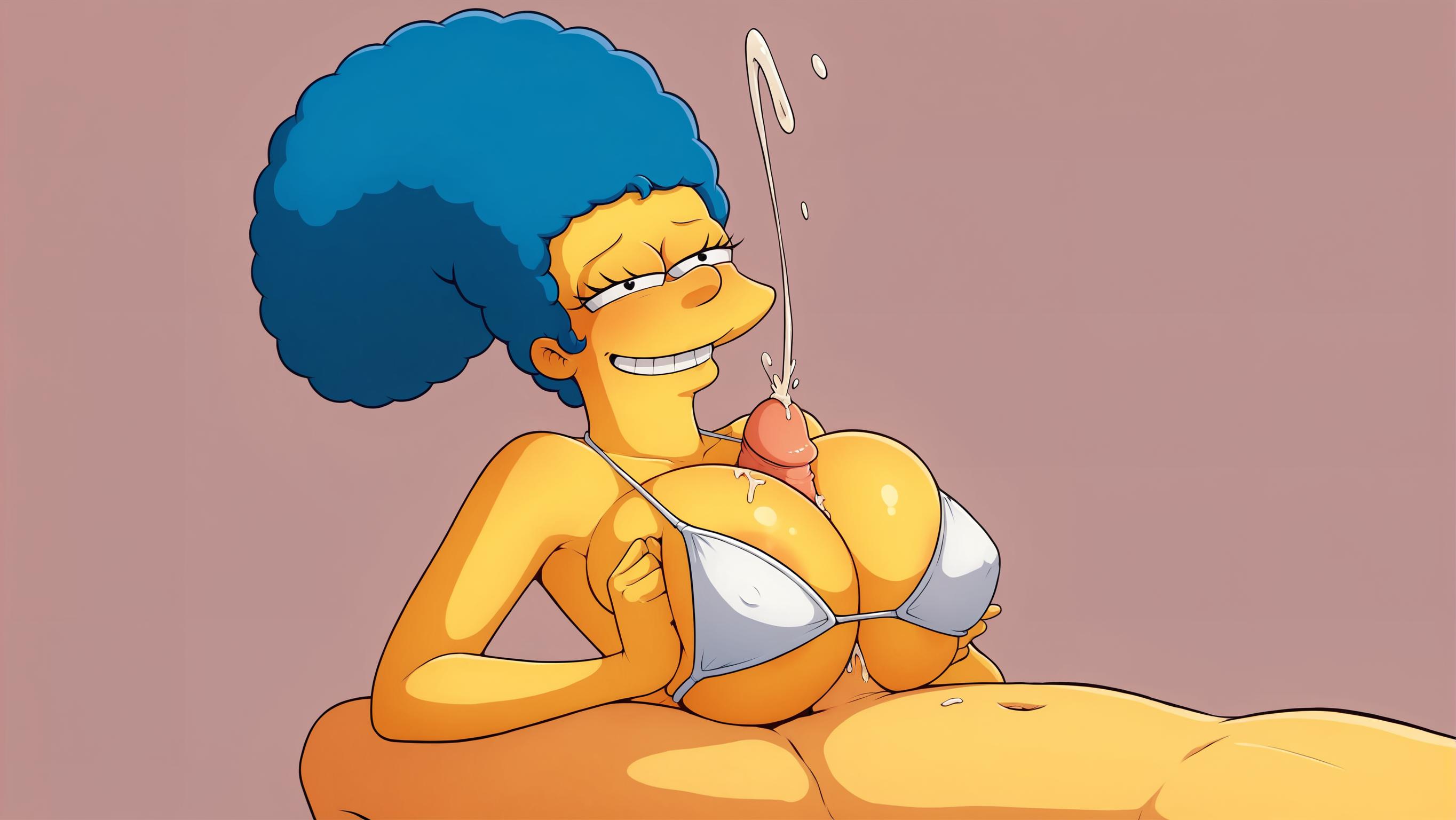 1boy, 1girls, 20th century fox, ai generated, bikini top, blue hair, boobjob, breasts, cum, cumshot, ejaculation, ejaculation between breasts, faceless male, female, human, large breasts, male, male focus, male/female, marge simpson, mostly nude, nude, nude male, paizuri, penis, smile, squeezing breast, stable diffusion, the simpsons, titfuck, unseen male face, yellow skin