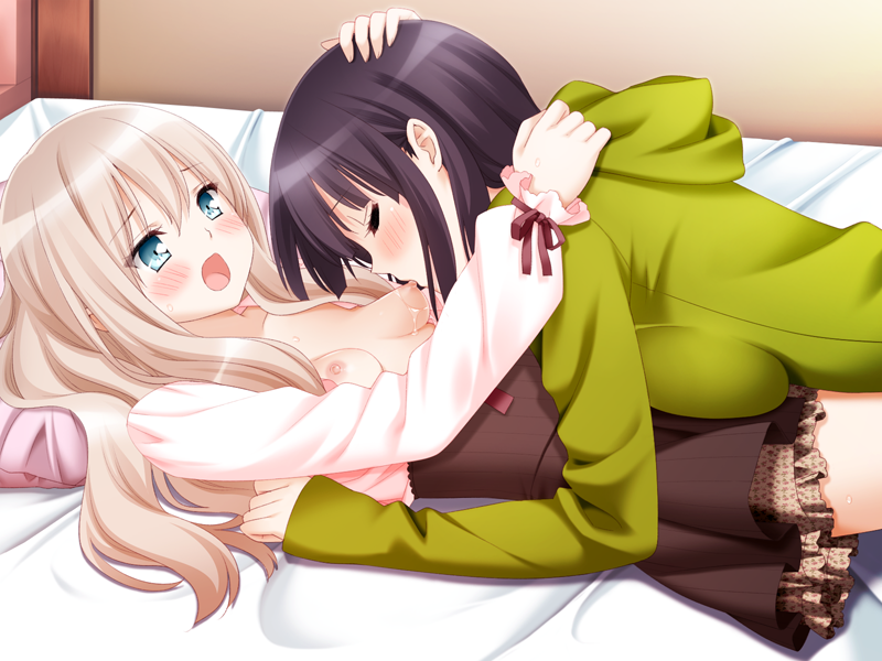 2girls bed black_hair blonde_hair blue_eyes blush canon closed_eyes couple game_cg green_hoodie hand_on_another's_head hoodie kawamura_reo lying moaning multiple_girls official official_art open_mouth peko sawaguchi_mai small_breasts sono_hanabira_ni_kuchizuke_wo sucking yuri