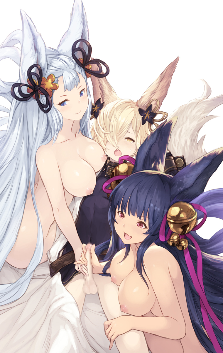 1boy 2girls animal_ears bangs bell black_ribbon blonde_hair blue_eyes blue_hair blunt_bangs breasts cait censored closed_mouth erun_(granblue_fantasy) granblue_fantasy hair_bell hair_ornament hair_over_one_eye hair_ribbon handjob highres jingle_bell kou_(granblue_fantasy) large_breasts long_hair lying mosaic_censoring multiple_girls multiple_handjob nipples nude penis pink_eyes ribbon silver_hair simple_background sitting smile socie_(granblue_fantasy) tail twin_handjob very_long_hair white_background yellow_eyes yuel_(granblue_fantasy)