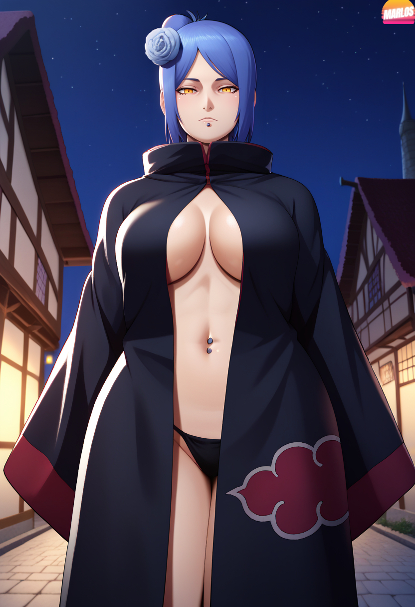 1girls ai_generated akatsuki_(naruto) bare_breasts bare_legs bare_midriff bare_thighs big_breasts blue_hair breasts cleavage cloak closed_mouth clothing coat curvaceous facing_viewer female female_focus female_only front_view huge_breasts konan light-skinned_female light_skin long_hair long_legs looking_at_viewer marlosart mature mature_female midriff muscular muscular_legs muscular_thighs nai_diffusion naruto naruto_(series) naruto_shippuden nipples no_bra open_clothes orange_eyes paipan pale-skinned_female pale_skin panties piercing pinup robe shoulder_length_hair solo solo_focus stable_diffusion underboob underwear voluptuous watermark wide_hips