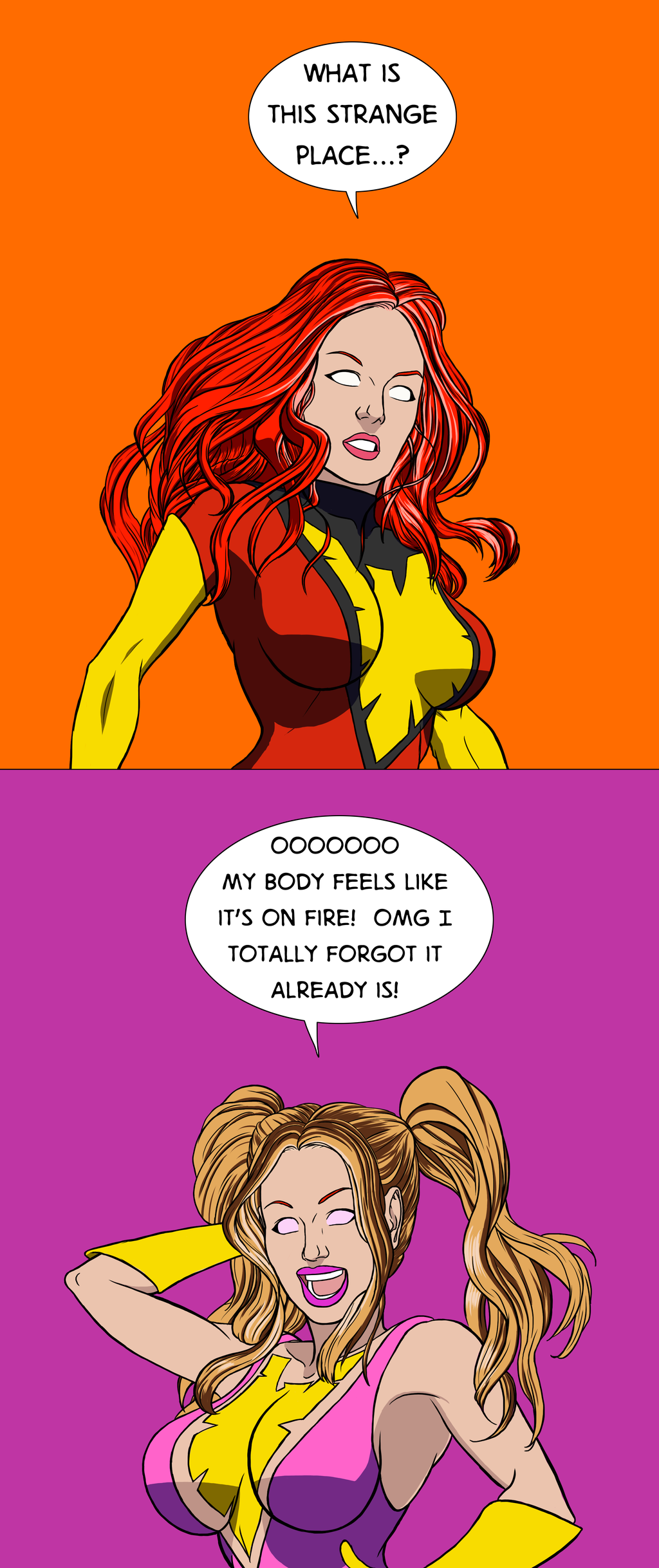 absurdres alternate_hair_color alternate_hairstyle before_and_after bimbofication blonde_hair brain_drain breast_expansion breasts femsub jean_grey large_breasts marvel marvel_comics open_mouth phoenix_force red_hair super_hero surakuraanon text transformation twintails western whitewash_eyes x-men