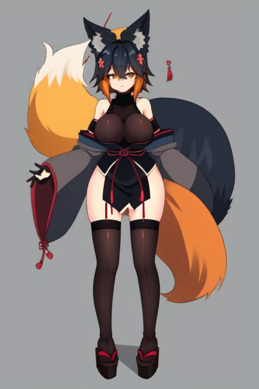 1girls ai_generated animal_ear_fluff animal_ears arm_sleeves bangs bare_shoulders black_armwear black_gloves black_legwear black_sleeves black_tail black_thighhighs curvy_thighs detached_sleeves female female fox_girl full_body gray_background grey_background hair_between_eyes hair_highlights hair_ornament hairclip japanese_clothes large_breasts large_tail looking_at_viewer orange_eyes orange_hair orange_tail senkiri short_hair solo tail thighhighs thighs