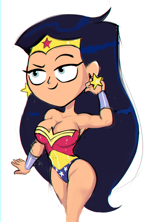 ass, big ass, big breasts, black hair, bracelet, breasts, cartoon network, dc, dc comics, earrings, female, legs crossed, leotard, long hair, shadman, solo, strapless leotard, teen titans, teen titans go, thick thighs, tiara, tight clothing, warner brothers, wide hips, wig, wonder woman, wonder woman (series)
