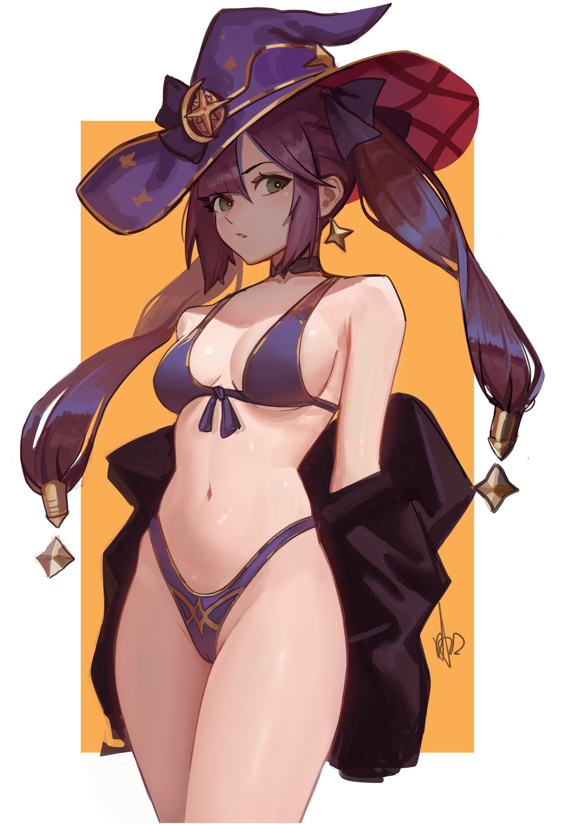 1girls, 2d, 2d (artwork), alternate costume, bikini, breasts, curvy figure, distrbeachboy, female, female focus, female only, front view, genshin impact, green eyes, hat, high resolution, highleg, highres, light skin, light-skinned female, looking at viewer, medium breasts, mona (genshin impact), ninra, petite body, pigtails, purple bikini, purple bikini bottom, purple bikini top, purple swimsuit, simple background, slender waist, solo, solo female, standing, swimsuit, teenager, thick thighs, thong, thong bikini, two piece swimsuit, witch hat, young, younger female
