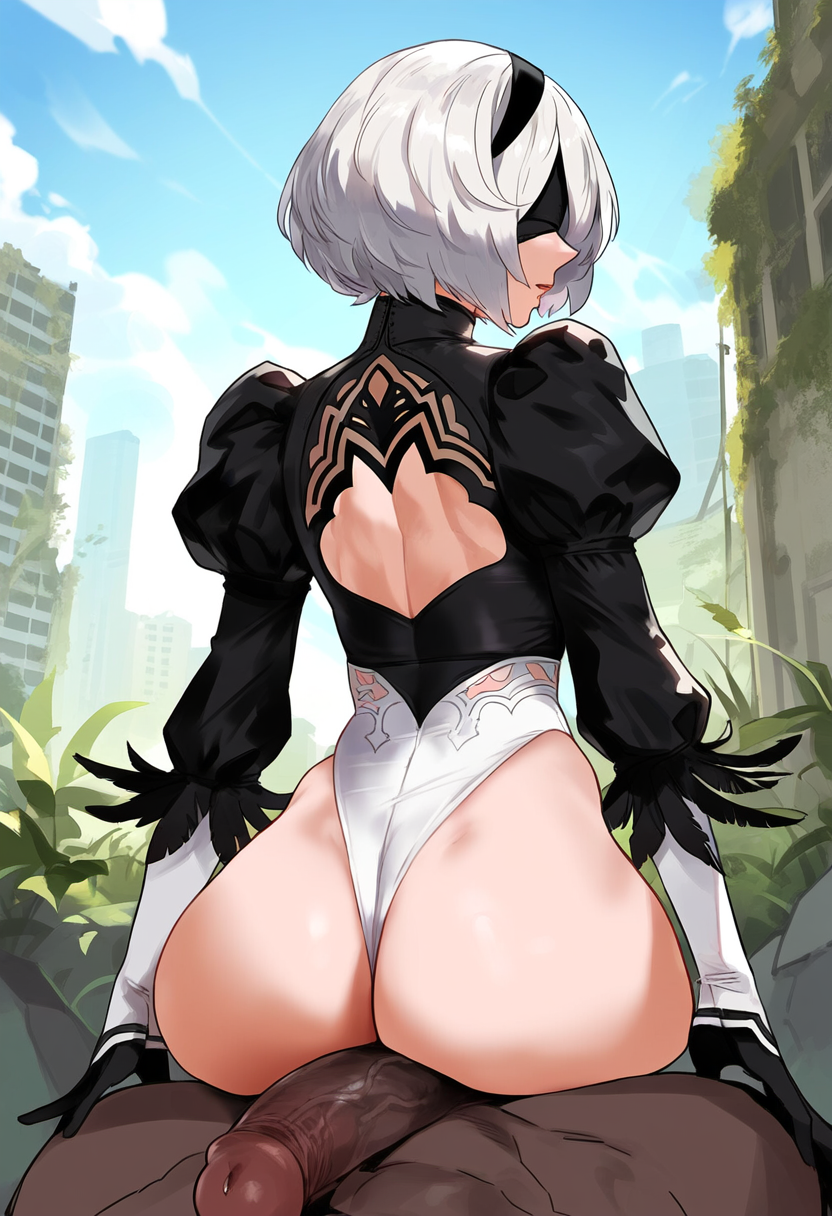 ai generated, ass, ass focus, assjob, big ass, big penis, buttjob, clothed, cock, cock hungry, cock worship, crotch, dark penis, dark skin, dark-skinned male, female, fully clothed, grinding on penis, imminent sex, interracial, justgens, light skin, light-skinned female, male, nier: automata, penis, white hair, yorha 2b