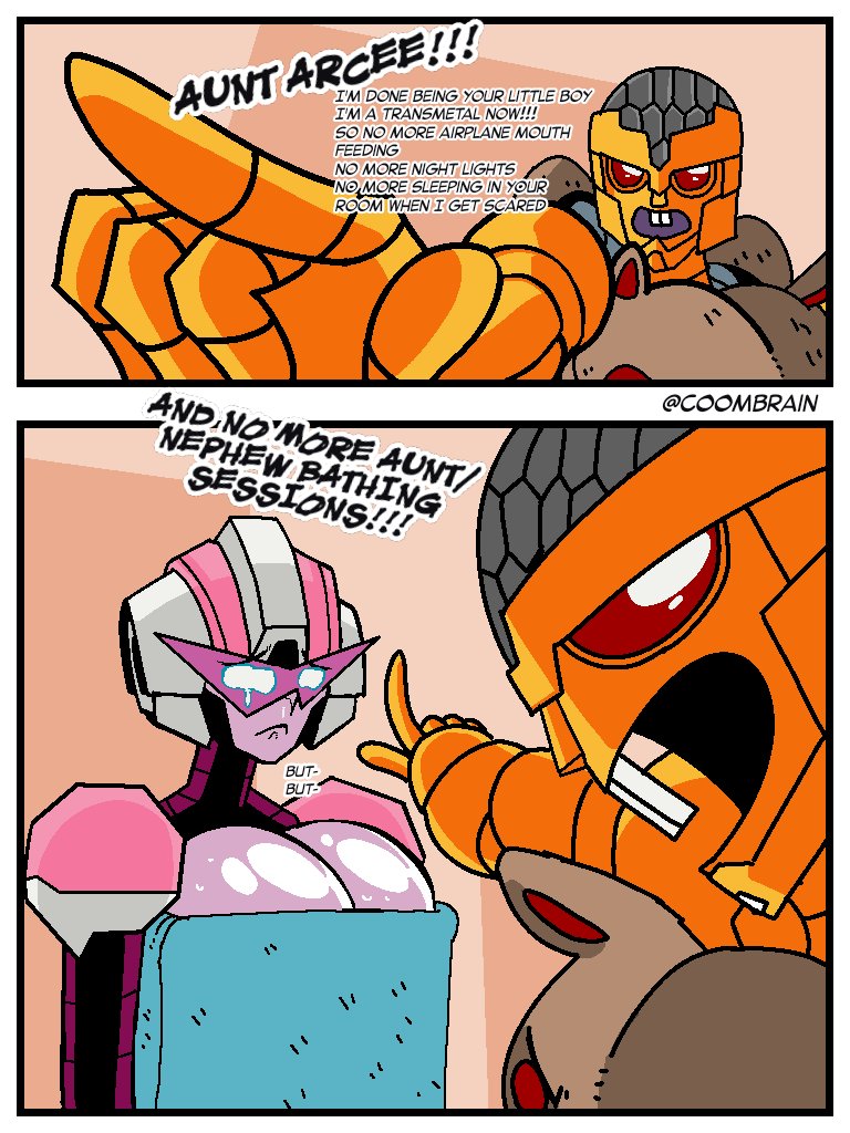 1boy 1girls arcee arcee_(g1) aunt_and_nephew bath_towel beast_wars big_breasts comic coombrain15 covered_nipples covering_breasts funny humor rattrap robot robot_boy robot_girl robot_humanoid towel transformers transformers:_beast_wars