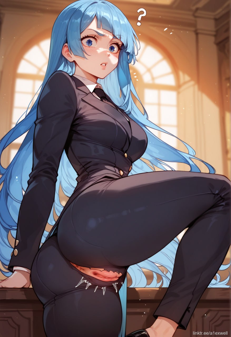 1girls, a1exwell, ai generated, anus peek, blue hair, blue-haired female, blush, confusion, female, female only, human, jujutsu kaisen, kasumi miwa, knees up, legs up, pussy, pussy peek, solo, stable diffusion, torn clothes, torn pants