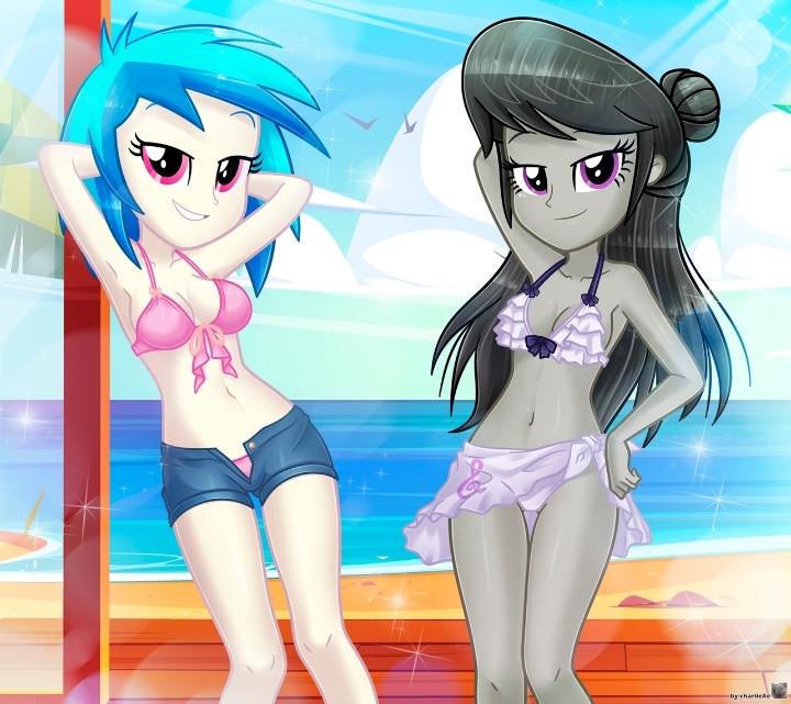 2022 2girls arms_behind_head arms_up beach belly bikini black_hair blue_hair charliexe denim_shorts duo duo_female duo_focus equestria_girls female_only glistening grey_body grey_skin hasbro long_hair looking_at_viewer my_little_pony navel octavia_melody pink_bikini pink_bra pink_eyes purple_eyes short_shorts shorts skirt standing vinyl_scratch_(mlp) white_bikini white_body white_skin